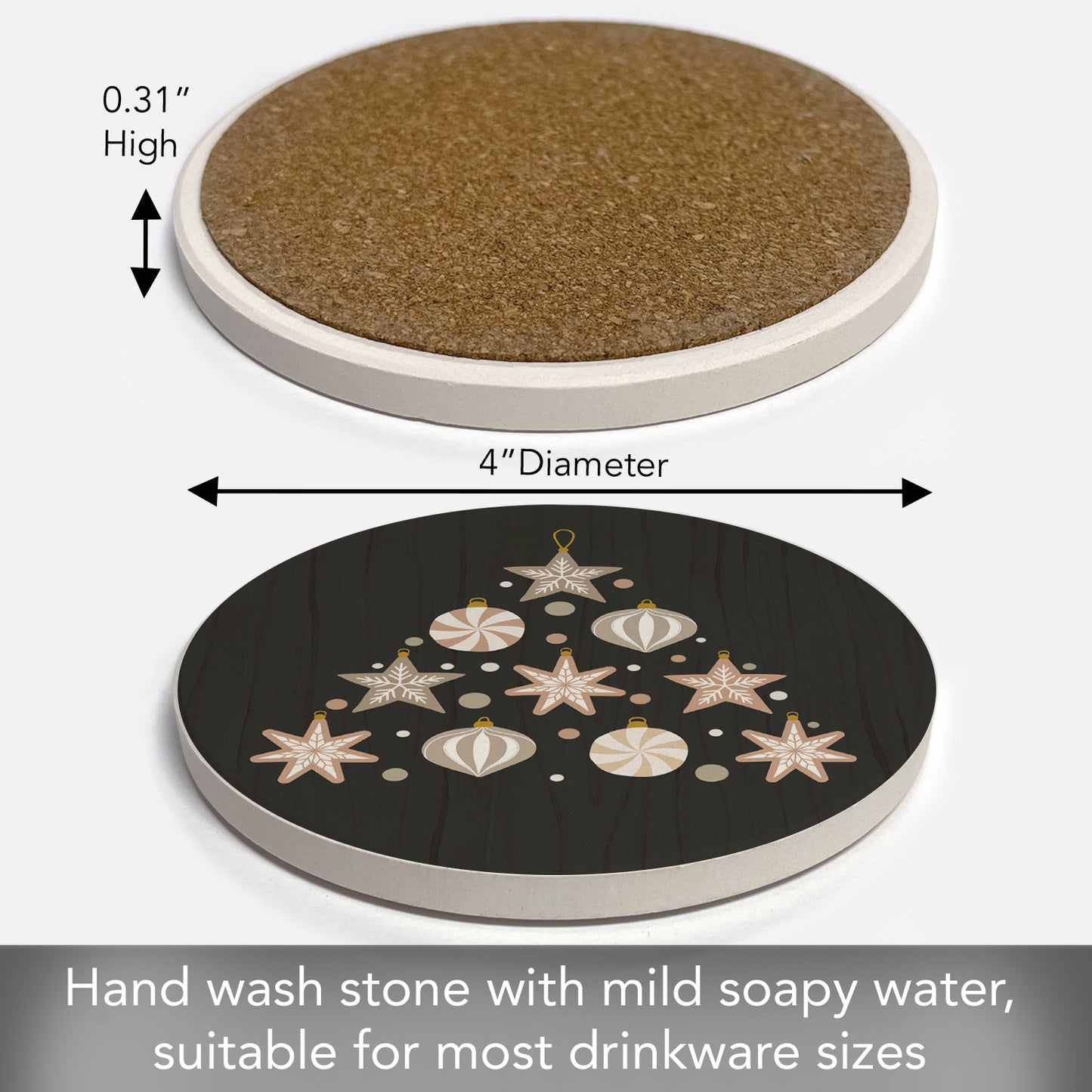 Thirstystone Ornament Tree Single Round Absorbent Stone Coaster with Protective Cork Backing Manufactured in The USA 4" Diameter