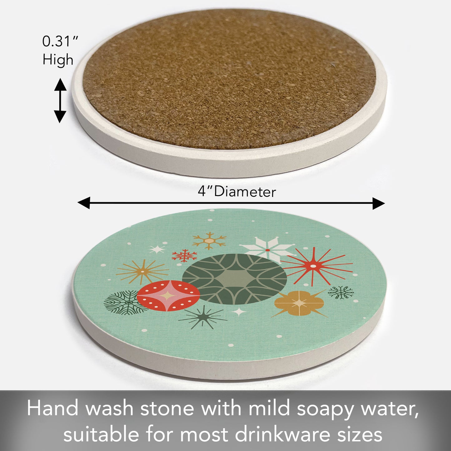 Thirstystone Retro Christmas Single Round Absorbent Stone Coaster with Protective Cork Backing Manufactured in The USA 4" Diameter
