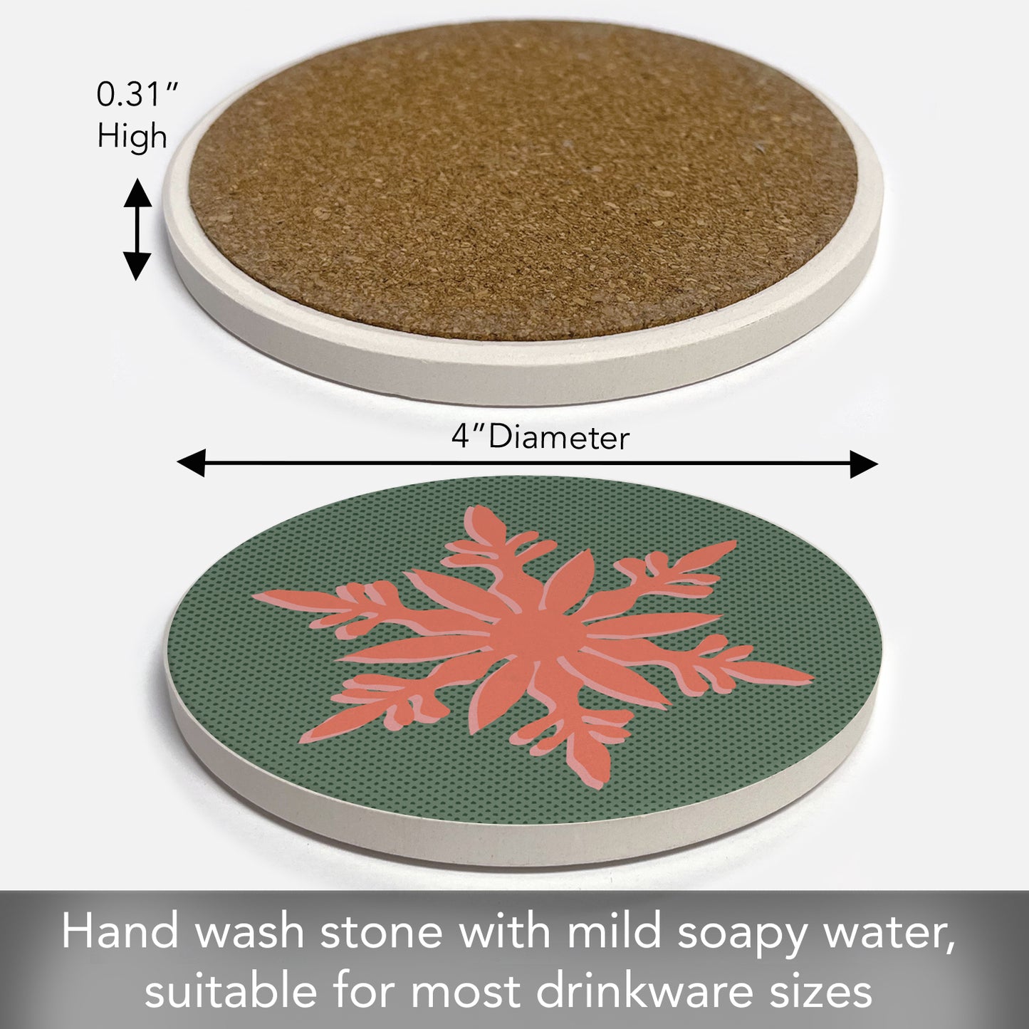 Thirstystone Snowflake Single Round Absorbent Stone Coaster with Protective Cork Backing Manufactured in The USA 4" Diameter