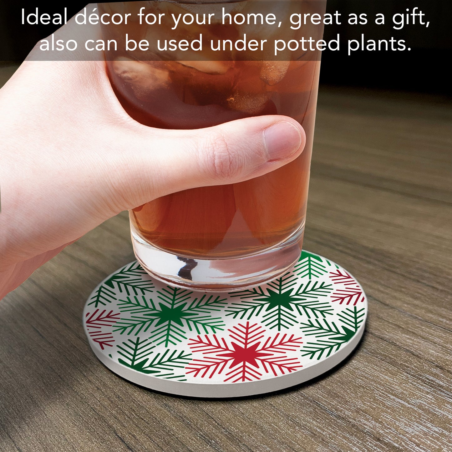Thirstystone Red & Green Snowflakes Single Round Absorbent Stone Coaster with Protective Cork Backing Manufactured in The USA 4" Diameter