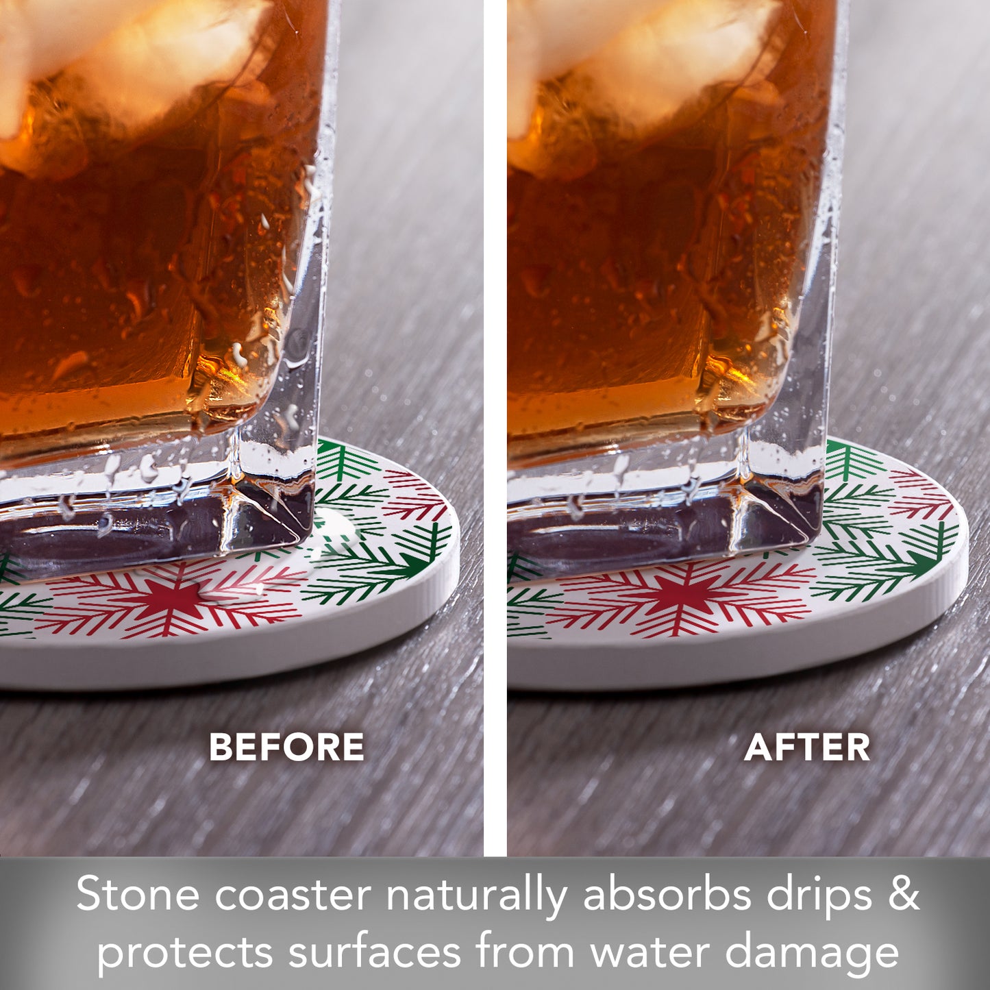 Thirstystone Red & Green Snowflakes Single Round Absorbent Stone Coaster with Protective Cork Backing Manufactured in The USA 4" Diameter