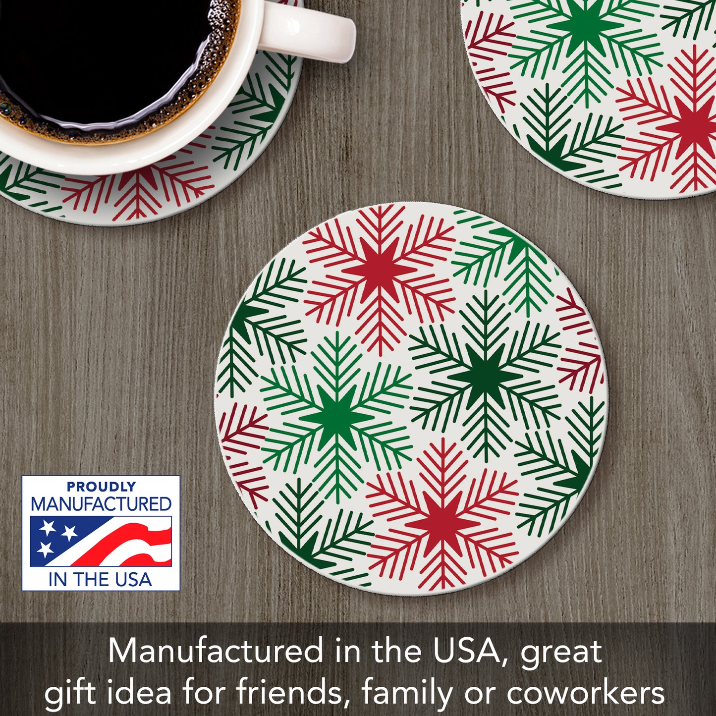 Thirstystone Red & Green Snowflakes Single Round Absorbent Stone Coaster with Protective Cork Backing Manufactured in The USA 4" Diameter