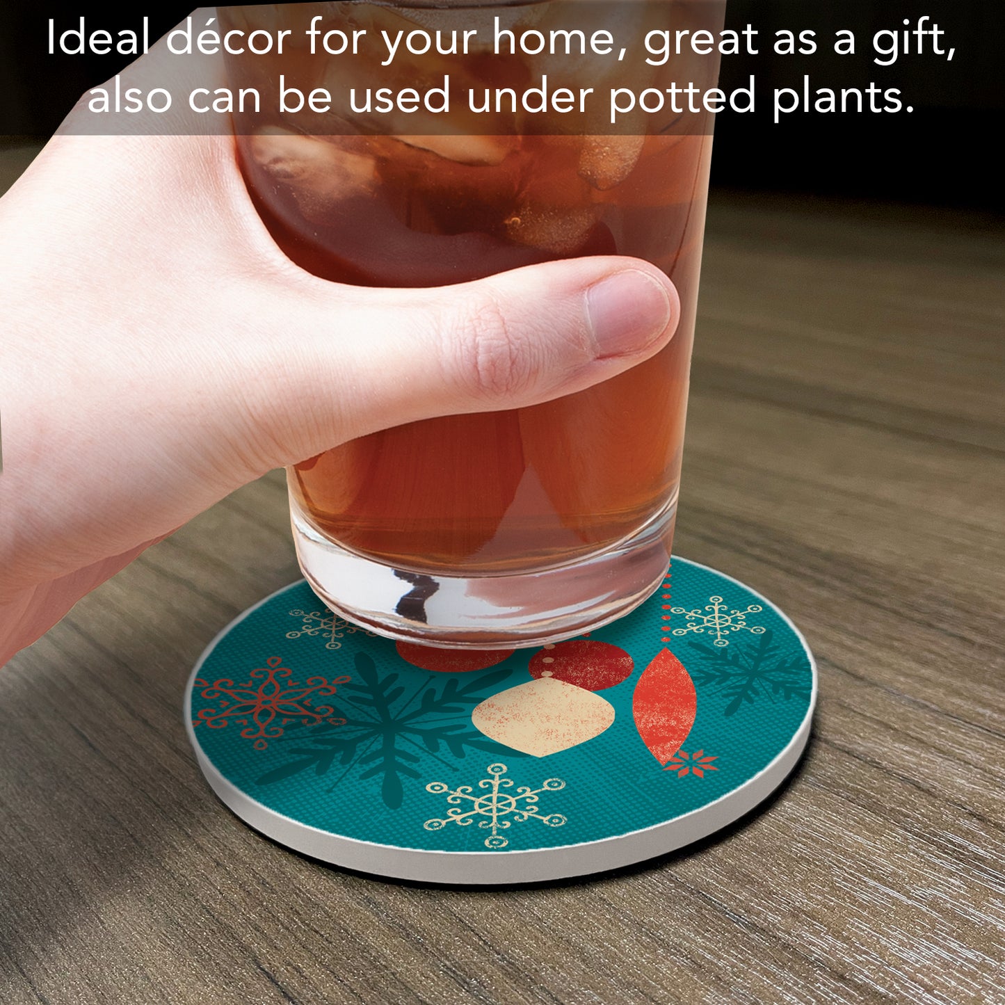 Thirstystone Ornaments on Blue Single Round Absorbent Stone Coaster with Protective Cork Backing Manufactured in The USA 4" Diameter