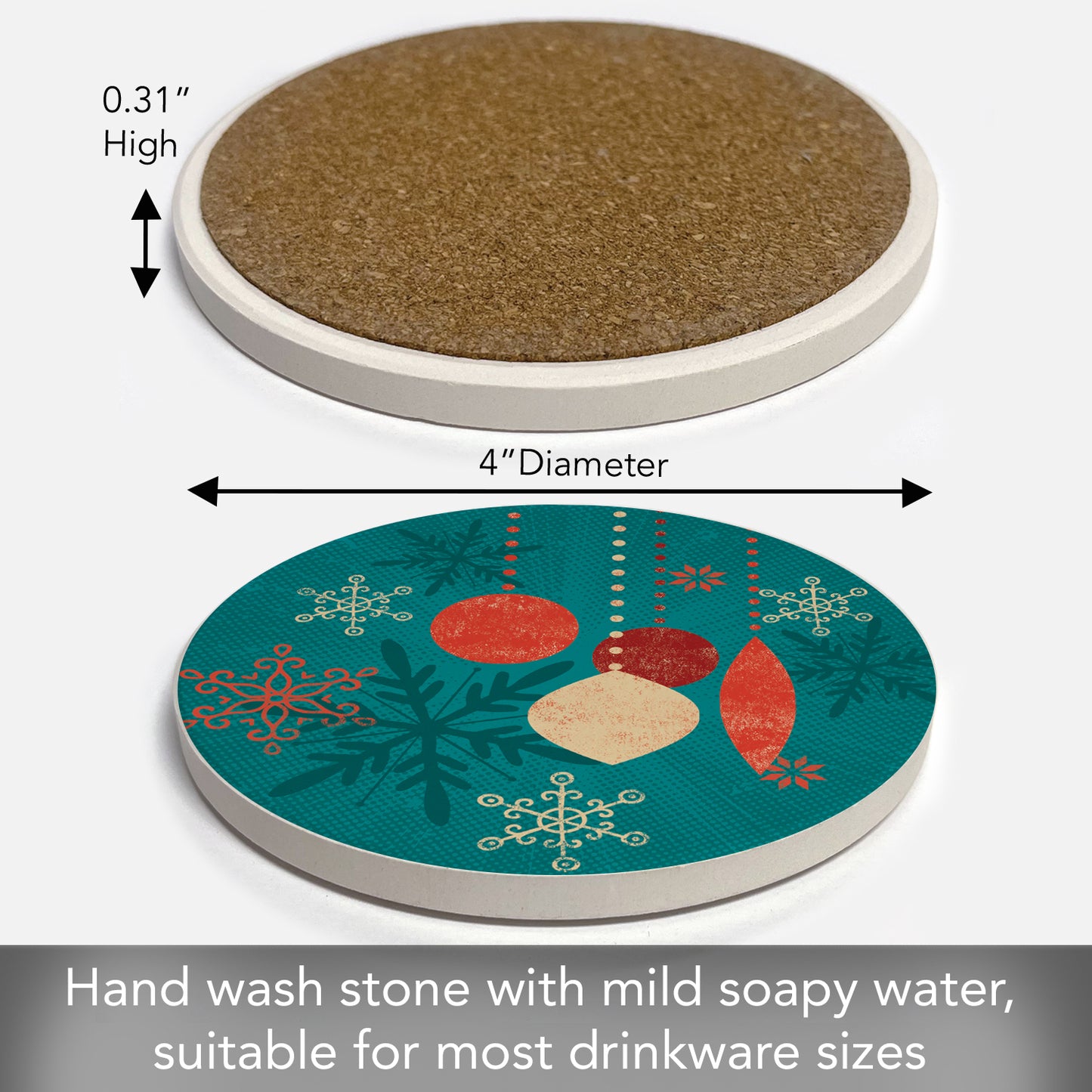 Thirstystone Ornaments on Blue Single Round Absorbent Stone Coaster with Protective Cork Backing Manufactured in The USA 4" Diameter