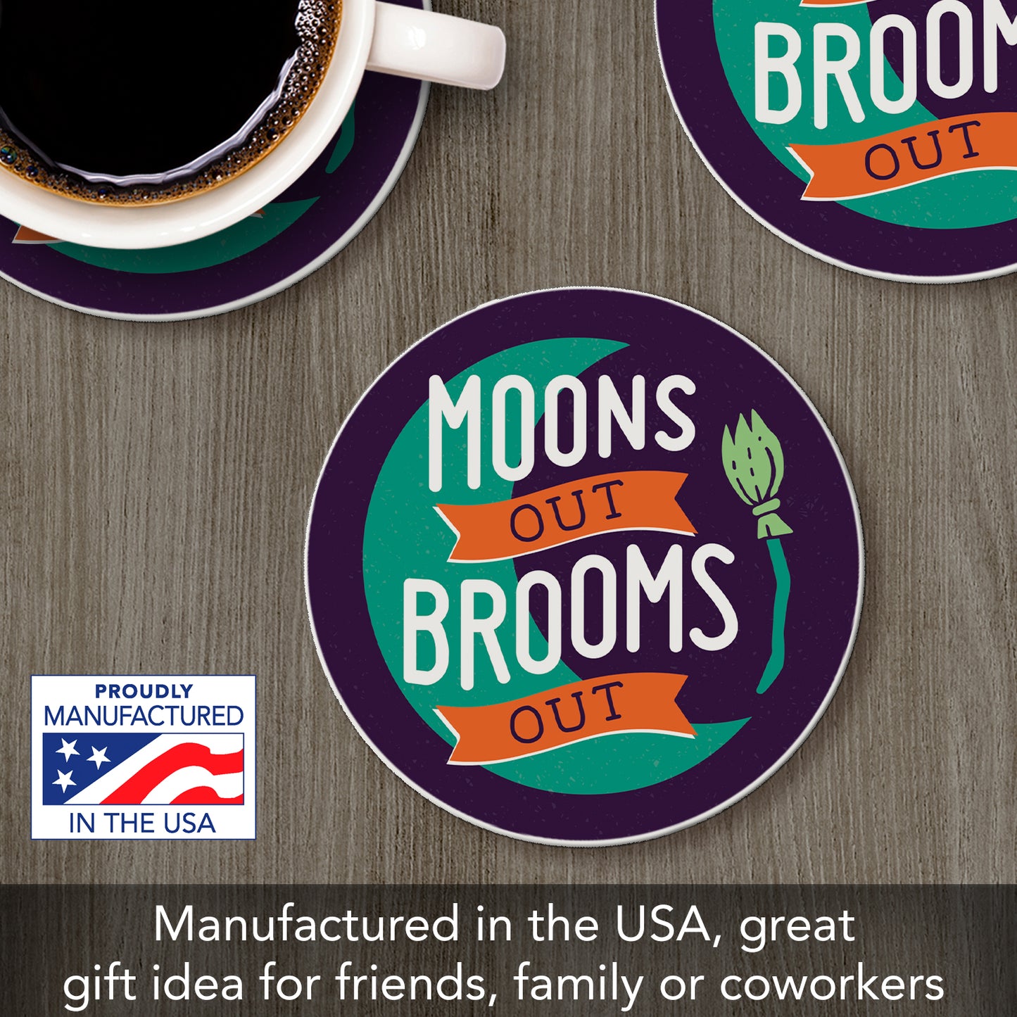 Thirstystone Moons Out Brooms Out Round Absorbent Stone Coaster with Protective Cork Backing Manufactured in The USA 4" Diameter