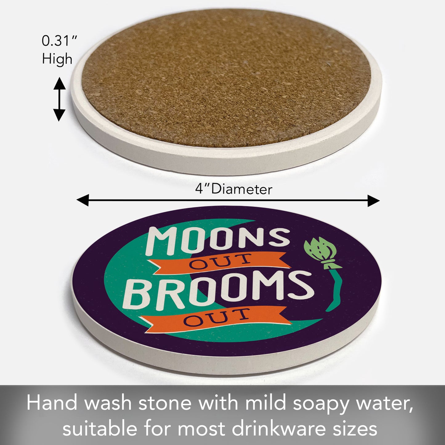 Thirstystone Moons Out Brooms Out Round Absorbent Stone Coaster with Protective Cork Backing Manufactured in The USA 4" Diameter
