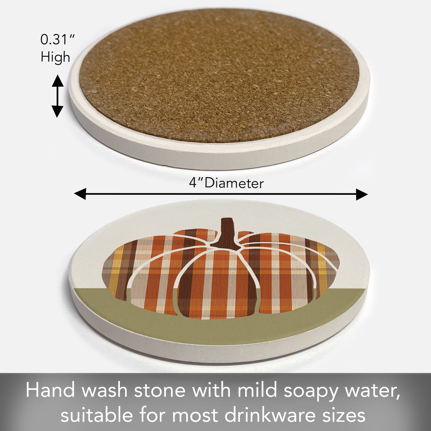 Thirstystone Plaid Pumpkin Round Absorbent Stone Coaster with Protective Cork Backing Manufactured in The USA 4" Diameter