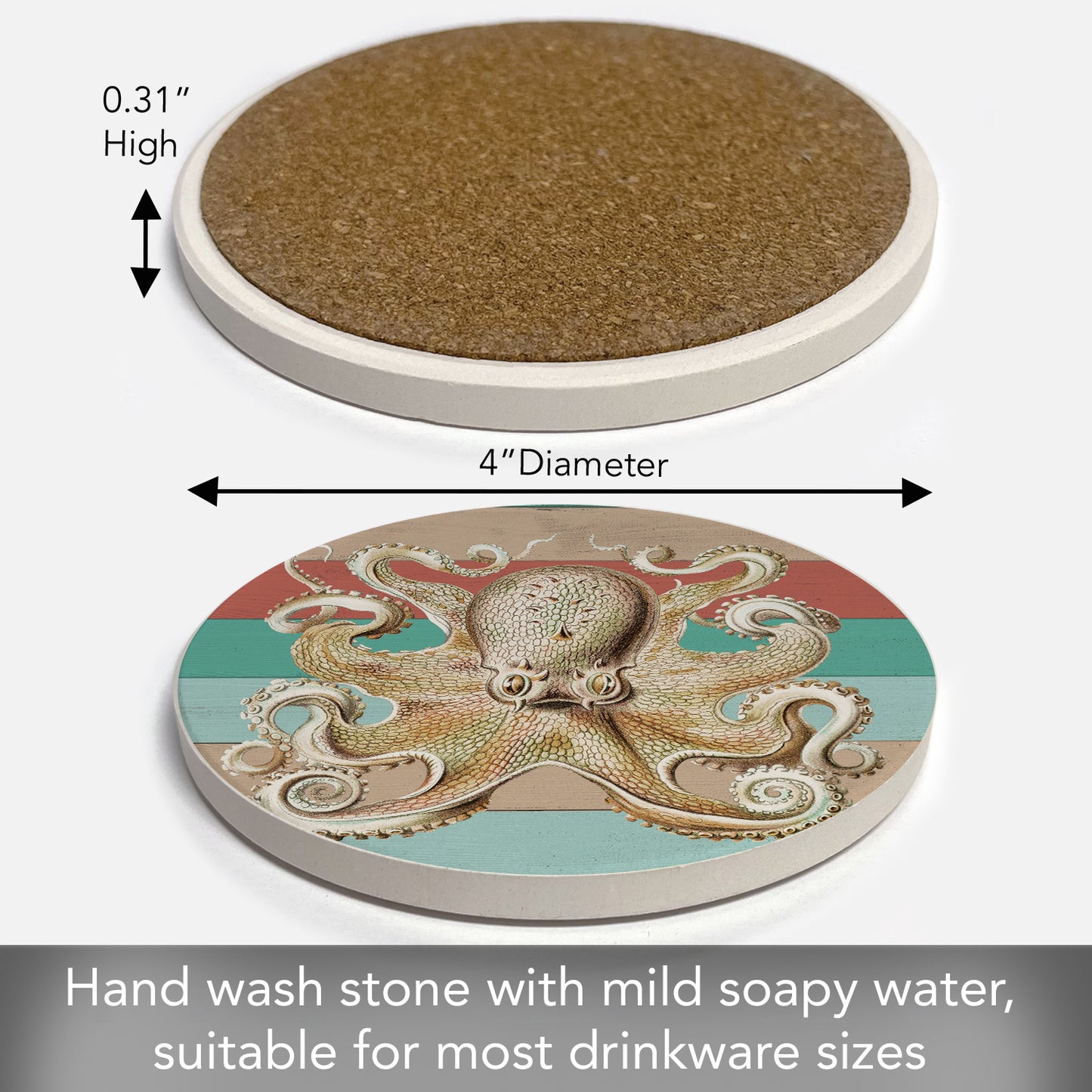Thirstystone Octopus Round Absorbent Stone Coaster with Protective Cork Backing Manufactured in The USA 4" Diameter