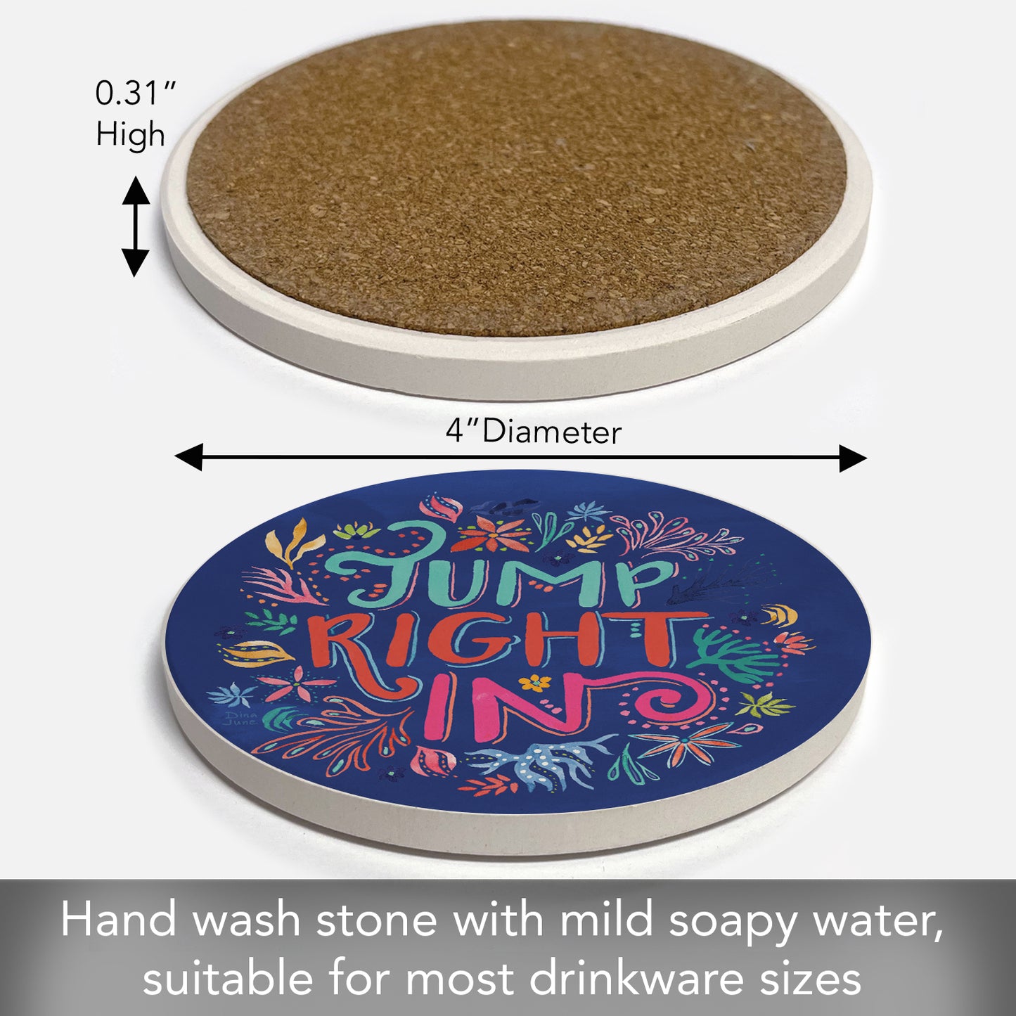 Thirstystone Jump Right in Round Absorbent Stone Coaster with Protective Cork Backing Manufactured in The USA 4" Diameter
