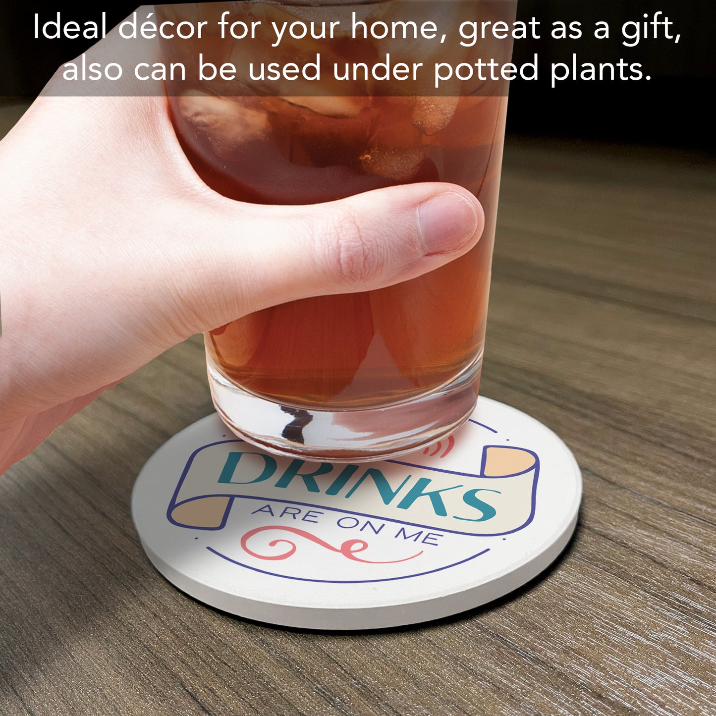Thirstystone Drinks on Me Single Round Absorbent Stone Coaster with Protective Cork Backing Manufactured in The USA 4" Diameter