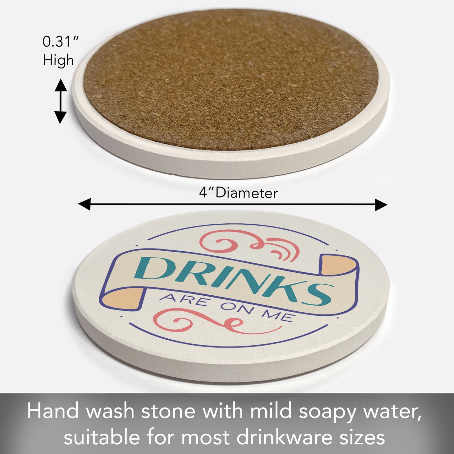 Thirstystone Drinks on Me Single Round Absorbent Stone Coaster with Protective Cork Backing Manufactured in The USA 4" Diameter