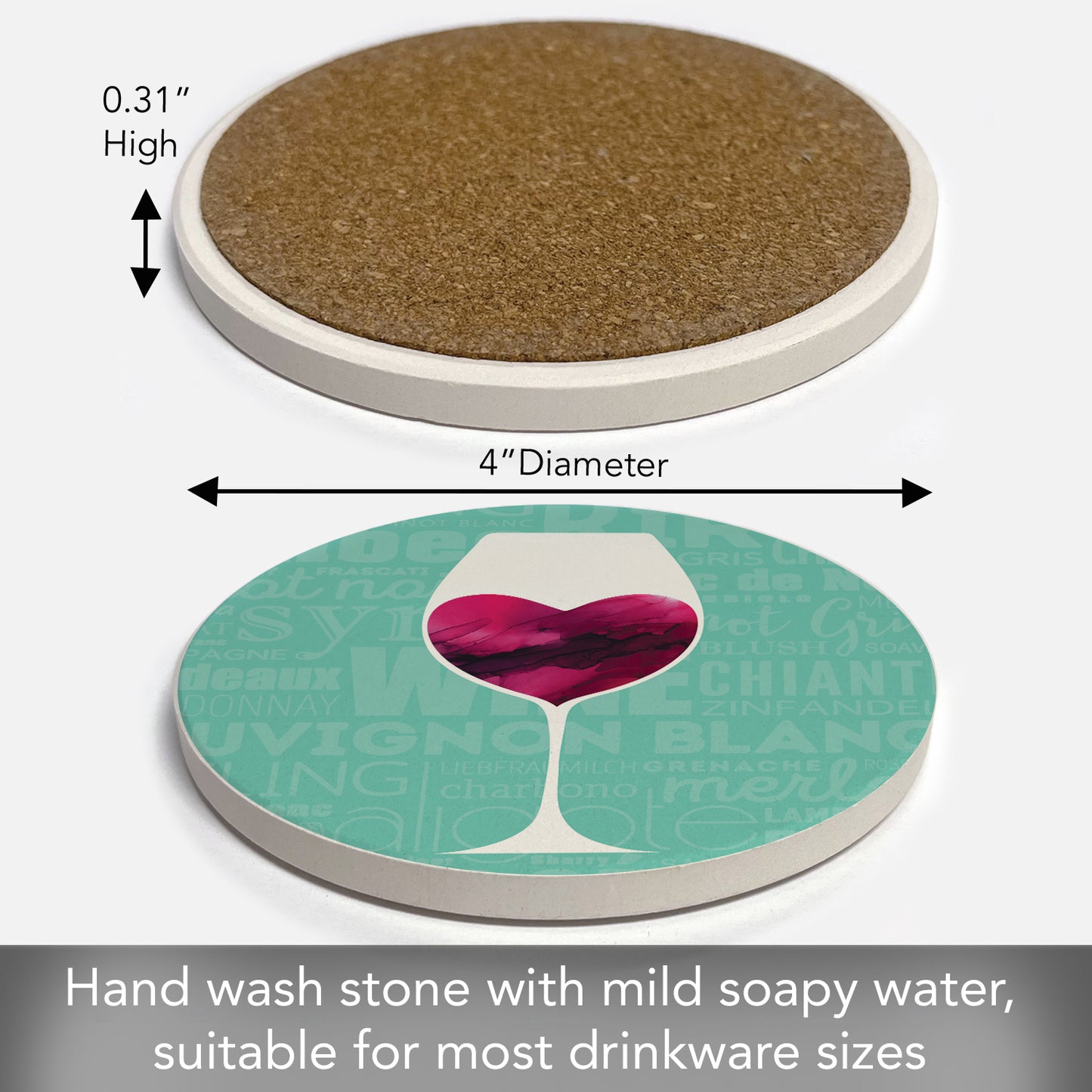 Thirstystone Wine Glass Heart Single Round Absorbent Stone Coaster with Protective Cork Backing Manufactured in The USA 4" Diameter