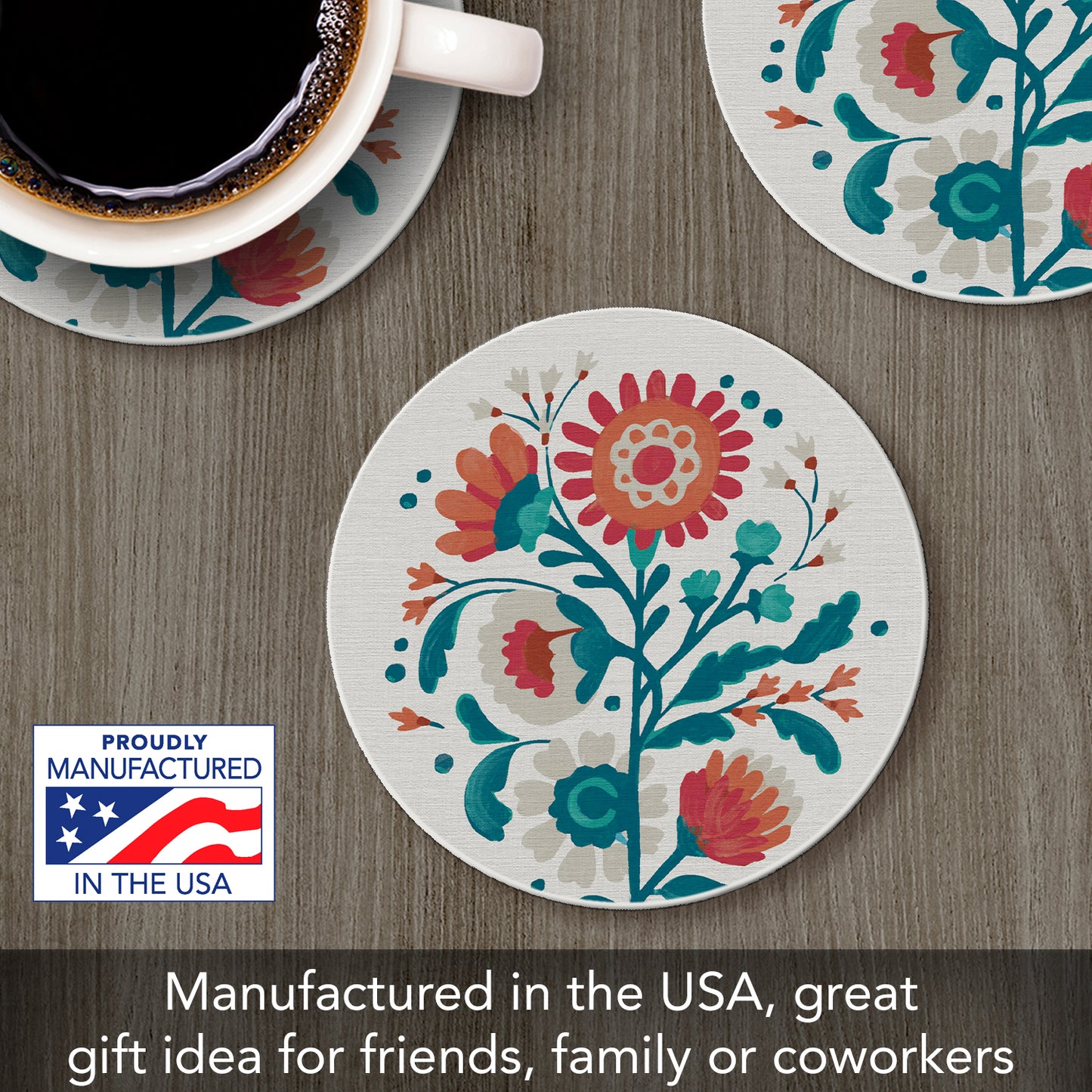 Thirstystone Otomi Flower Single Round Absorbent Stone Coaster with Protective Cork Backing Manufactured in The USA 4" Diameter