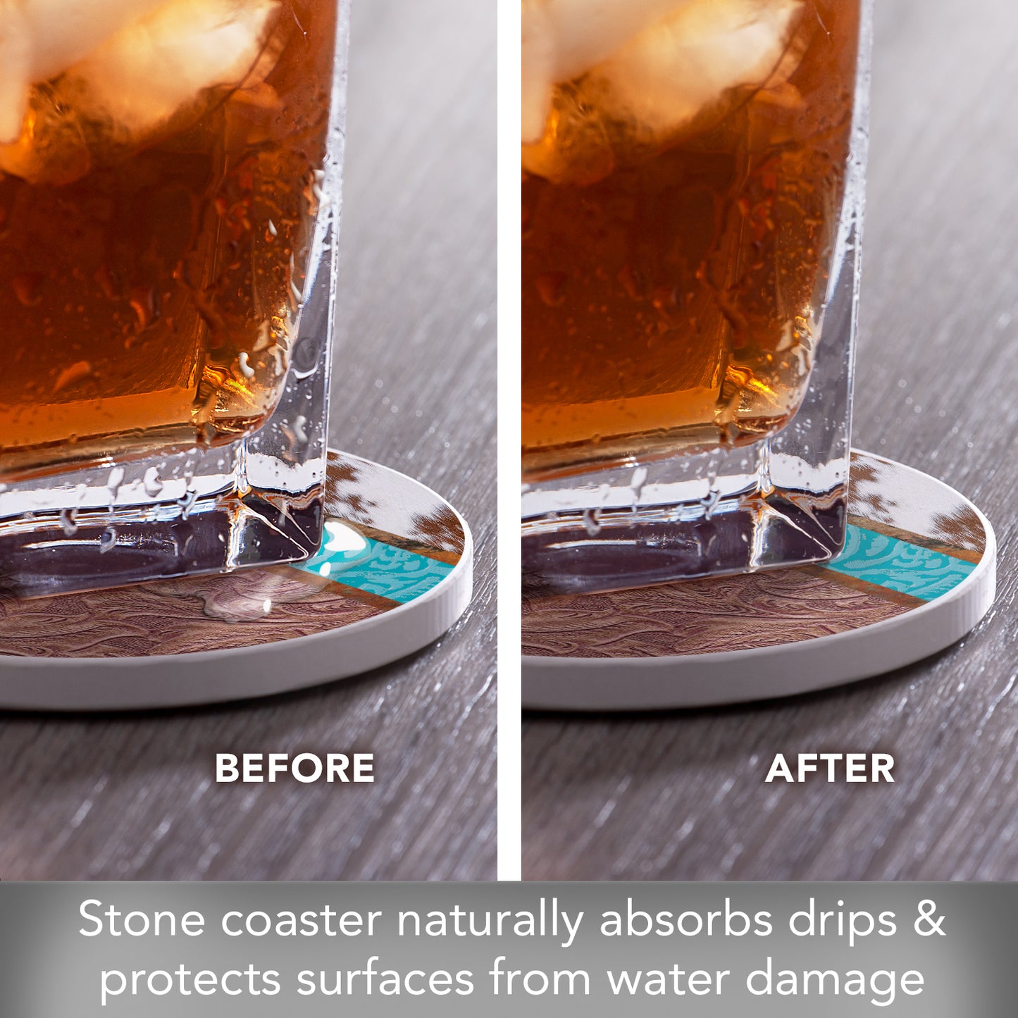 Thirstystone Cow Hide Single Round Absorbent Stone Coaster with Protective Cork Backing Manufactured in The USA 4" Diameter