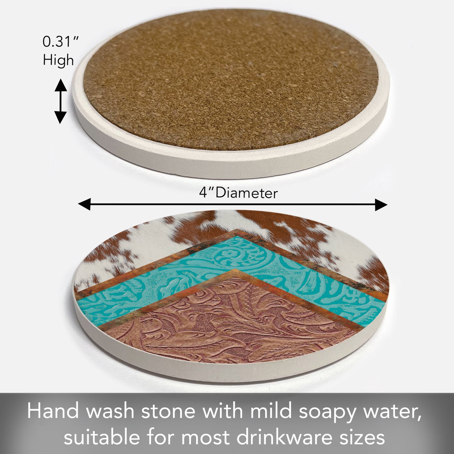Thirstystone Cow Hide Single Round Absorbent Stone Coaster with Protective Cork Backing Manufactured in The USA 4" Diameter