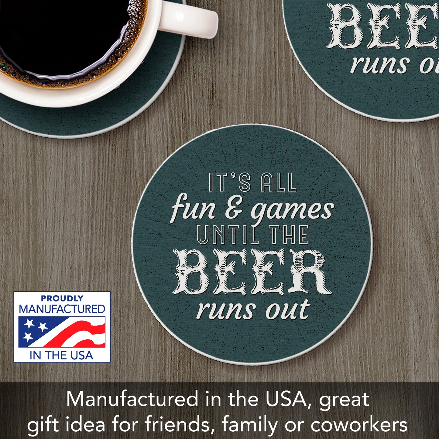 Thirstystone Beer Runs Out Single Round Absorbent Stone Coaster with Protective Cork Backing Manufactured in The USA 4" Diameter