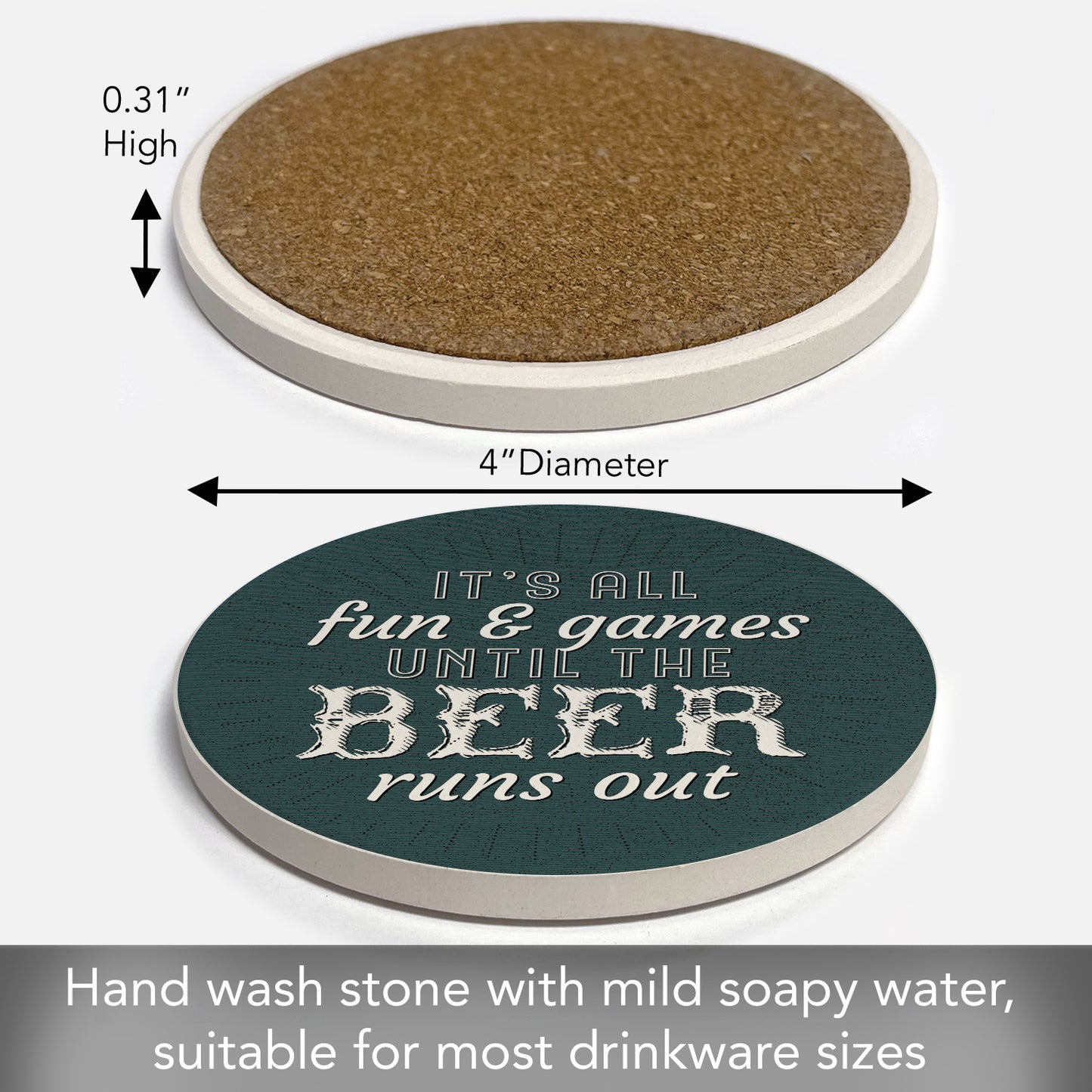 Thirstystone Beer Runs Out Single Round Absorbent Stone Coaster with Protective Cork Backing Manufactured in The USA 4" Diameter
