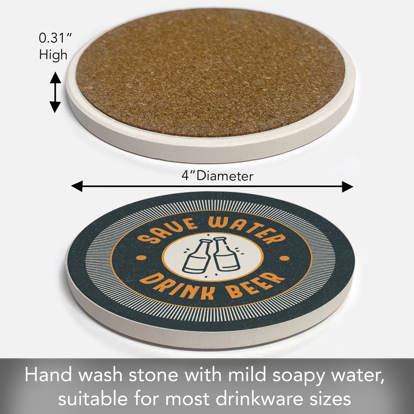 Thirstystone Save Water Single Round Absorbent Stone Coaster with Protective Cork Backing Manufactured in The USA 4" Diameter