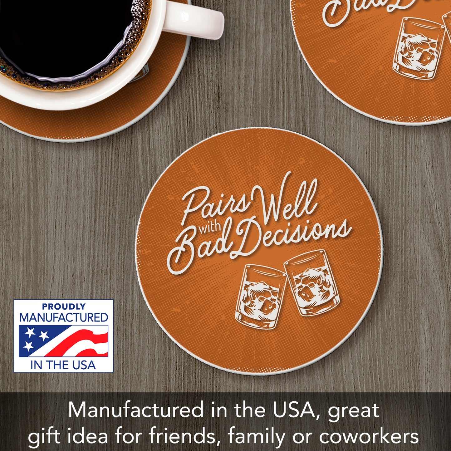 Thirstystone Bad Decisions Single Round Absorbent Stone Coaster with Protective Cork Backing Manufactured in The USA 4" Diameter
