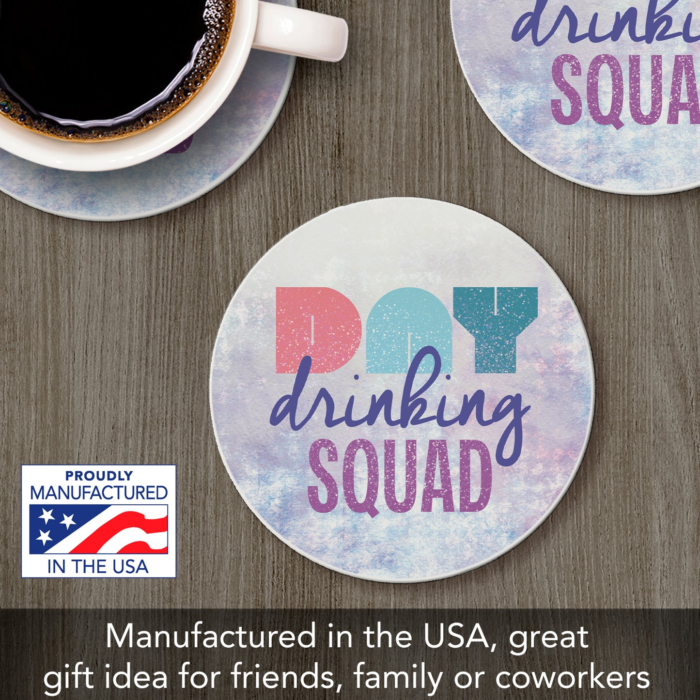 Thirstystone Day Drinking Squad Single Round Absorbent Stone Coaster with Protective Cork Backing Manufactured in The USA 4" Diameter
