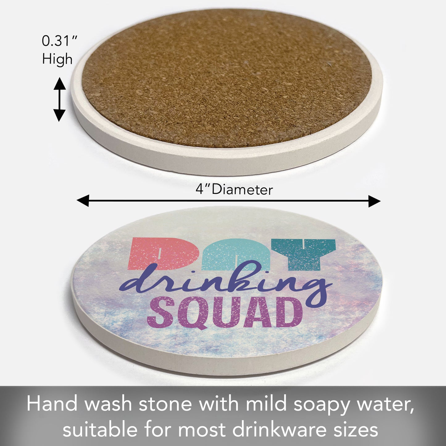 Thirstystone Day Drinking Squad Single Round Absorbent Stone Coaster with Protective Cork Backing Manufactured in The USA 4" Diameter