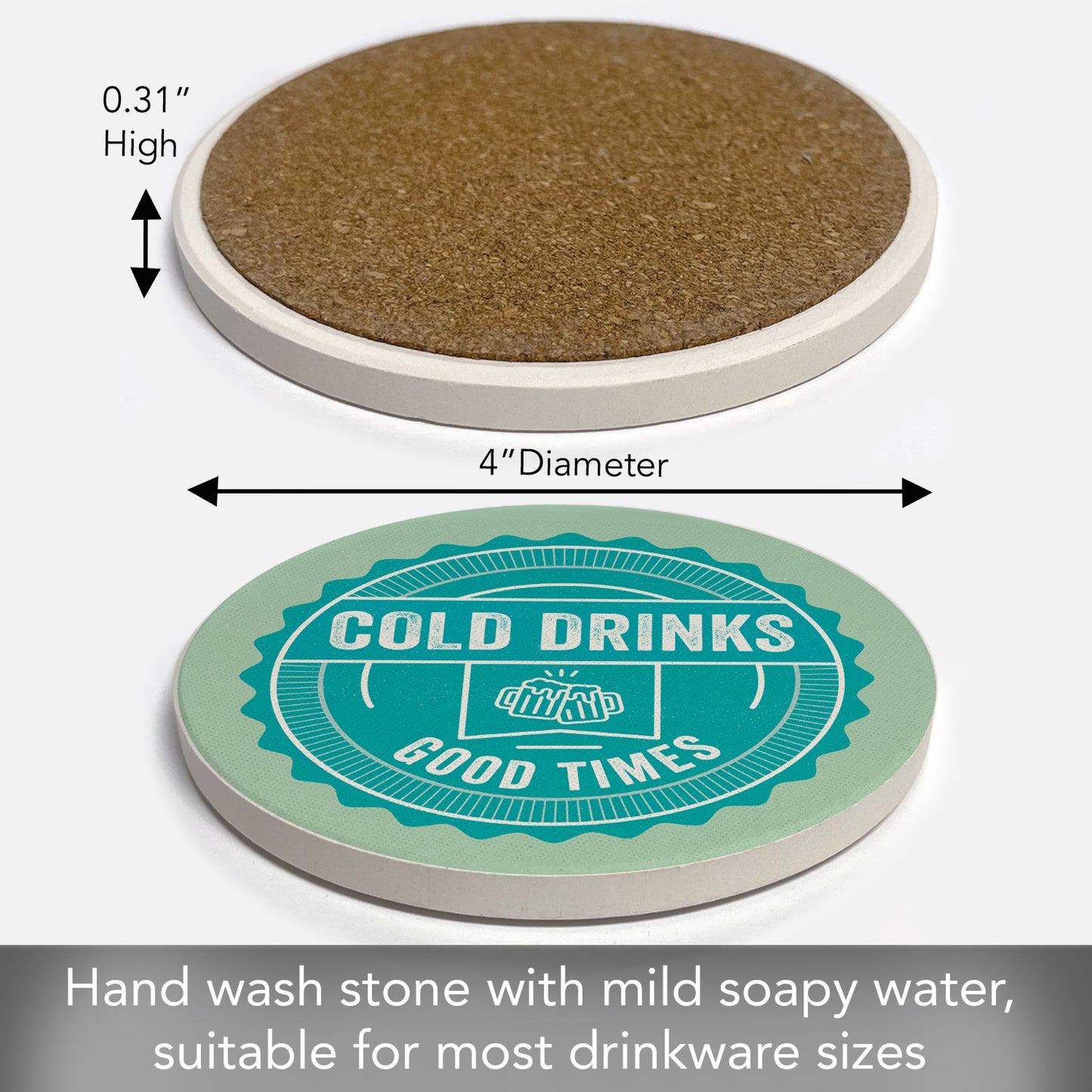 Thirstystone Cold Drinks Single Round Absorbent Stone Coaster with Protective Cork Backing Manufactured in The USA 4" Diameter