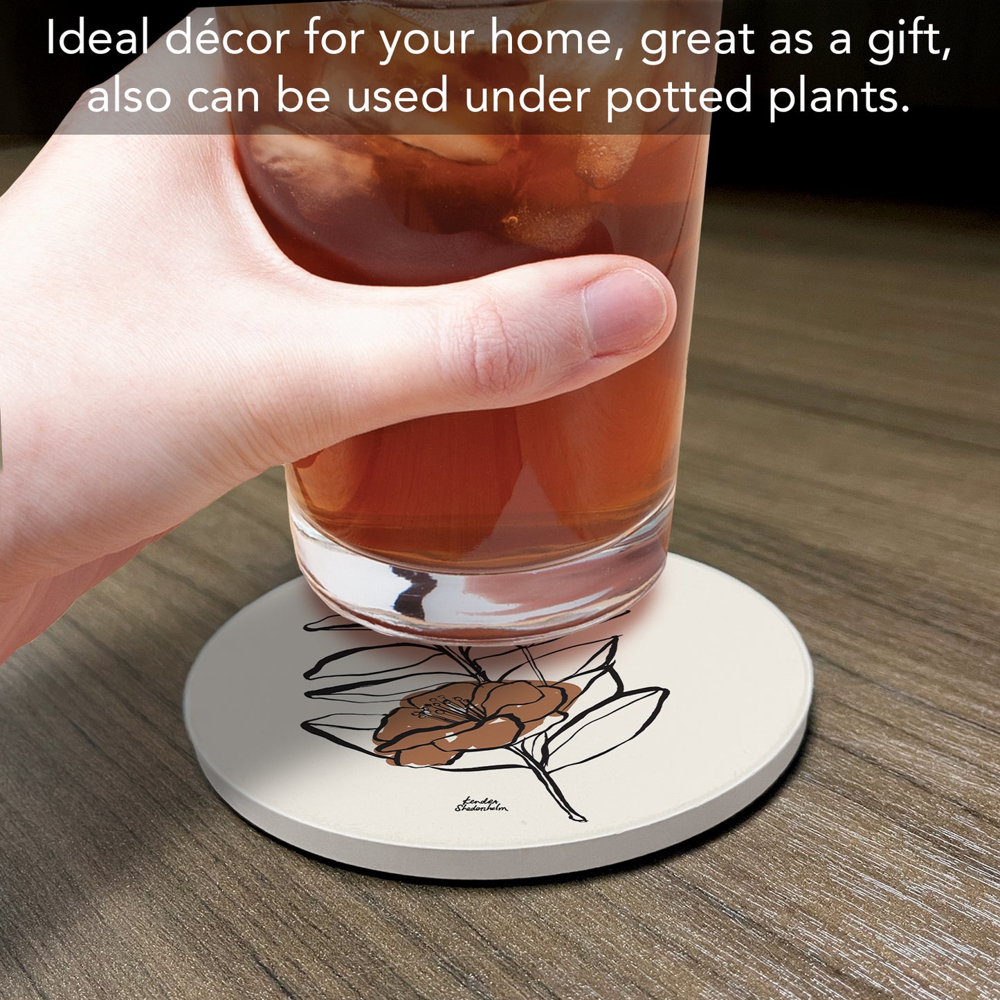 Thirstystone Mocha Flower Round Absorbent Stone Coaster with Protective Cork Backing Manufactured in The USA 4" Diameter