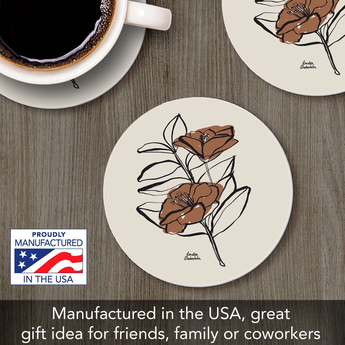 Thirstystone Mocha Flower Round Absorbent Stone Coaster with Protective Cork Backing Manufactured in The USA 4" Diameter