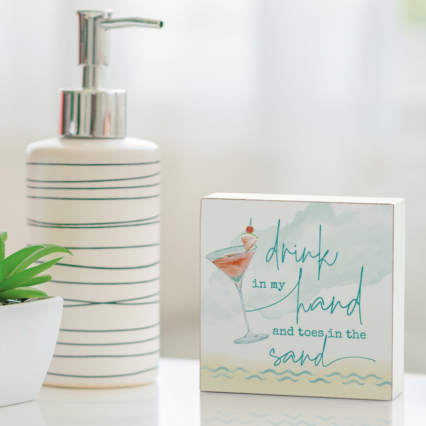 "Drink in my Hand and Toes in the Sand" Decorative Wood Block Sign 3.75" Square Made in the USA