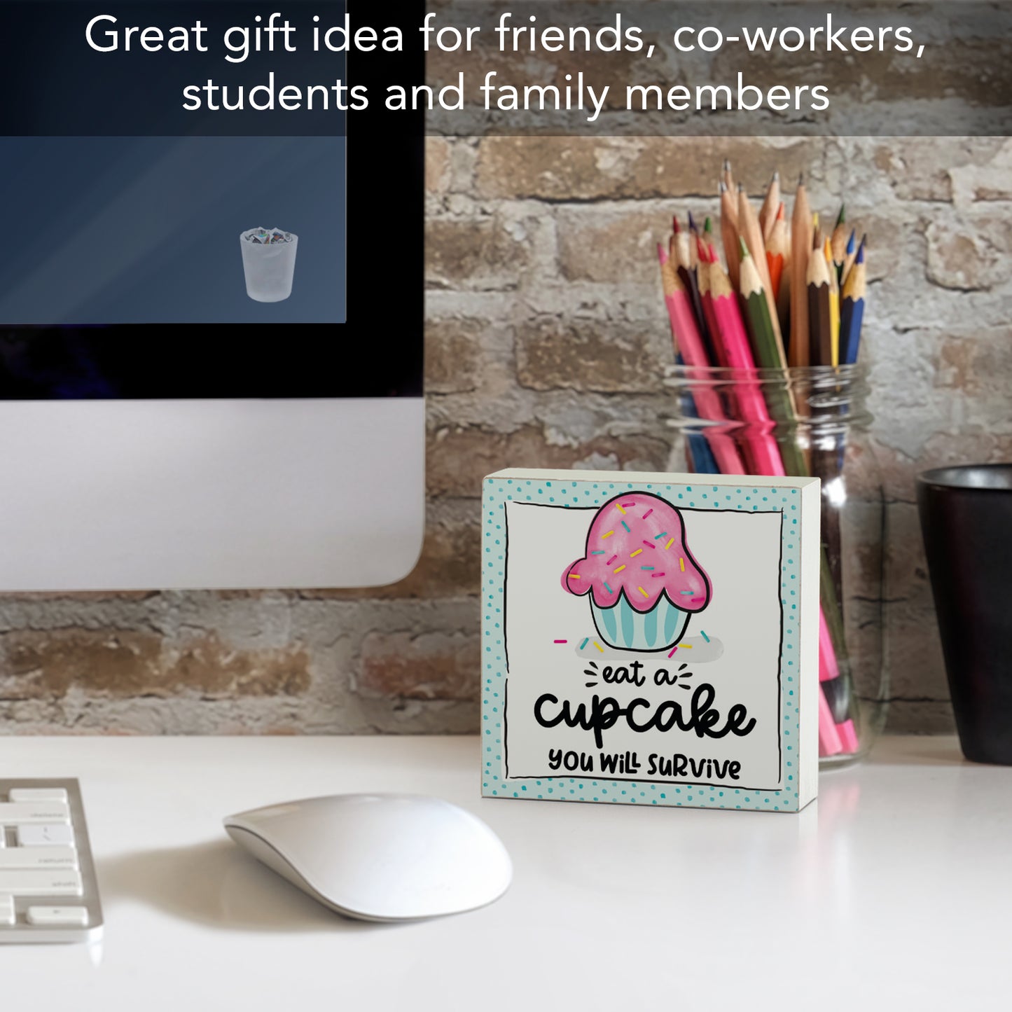 CounterArt "Eat A Cupcake" Artistic Freestanding Solid Wood Block Sign Made in the USA 3.75” Square Decorative Accent for Home or Office