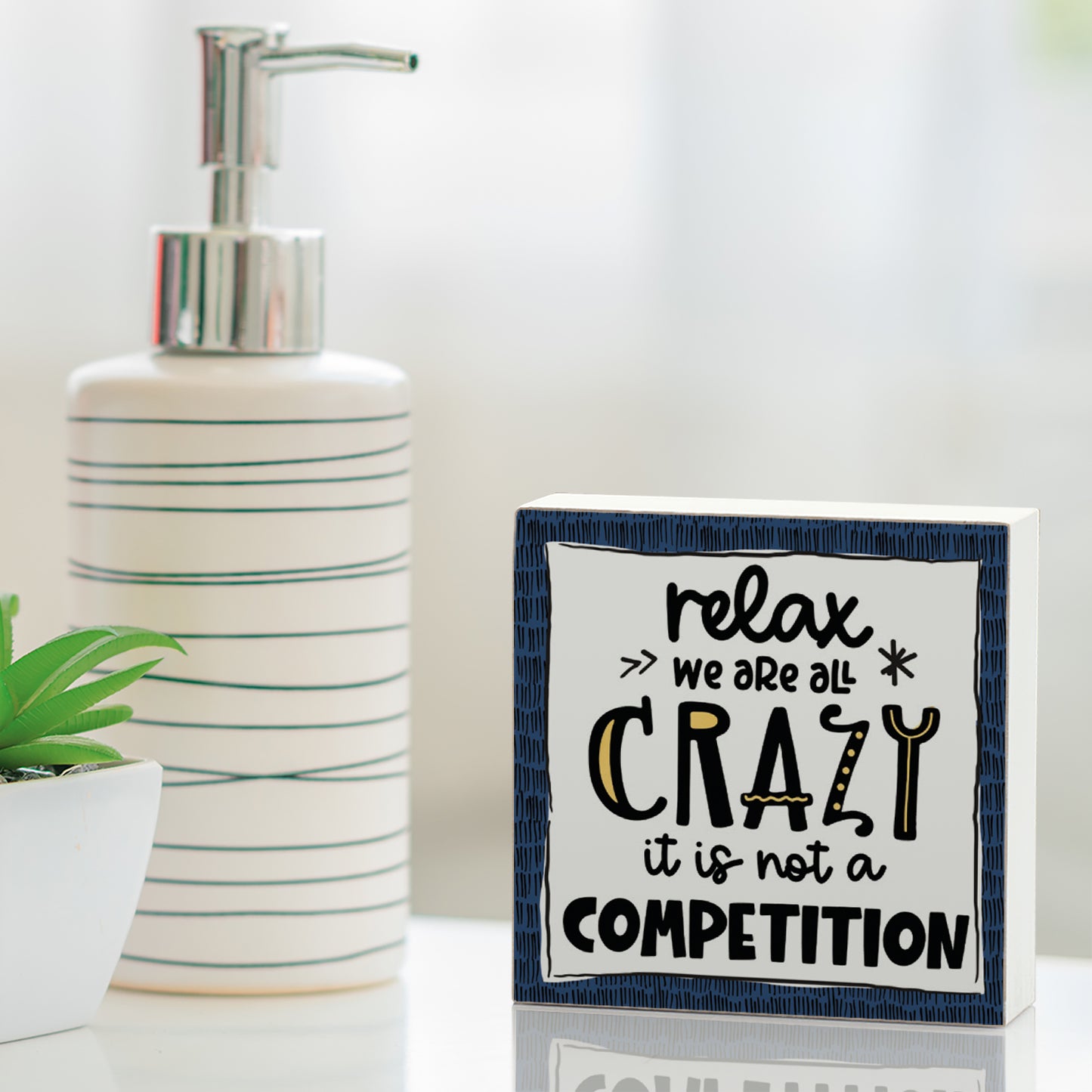 CounterArt "We Are All Crazy" Artistic Freestanding Solid Wood Block Sign Made in the USA 3.75” Square Decorative Accent for Home or Office