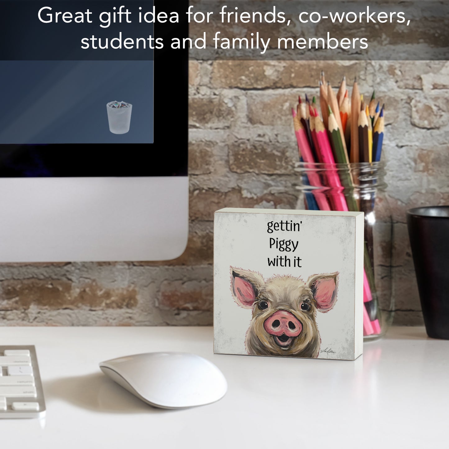 Highland Home Gettin' Piggy Artistic Freestanding Solid Wood Block Sign Made in the USA 3.75” Square Decorative Accent for Home or Office