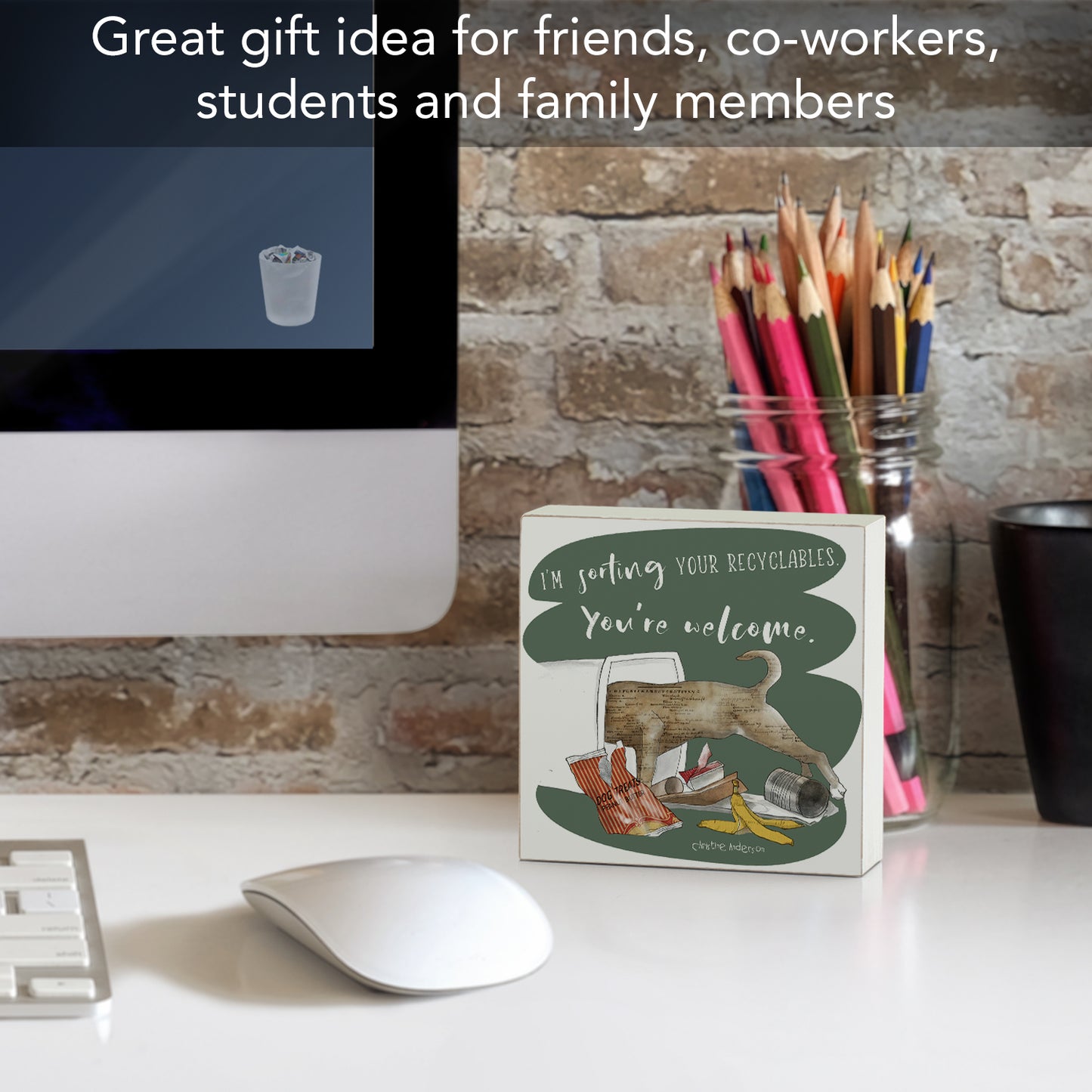 Recyclables Artistic Freestanding Solid Wood Block Sign Made in the USA 3.75” Square