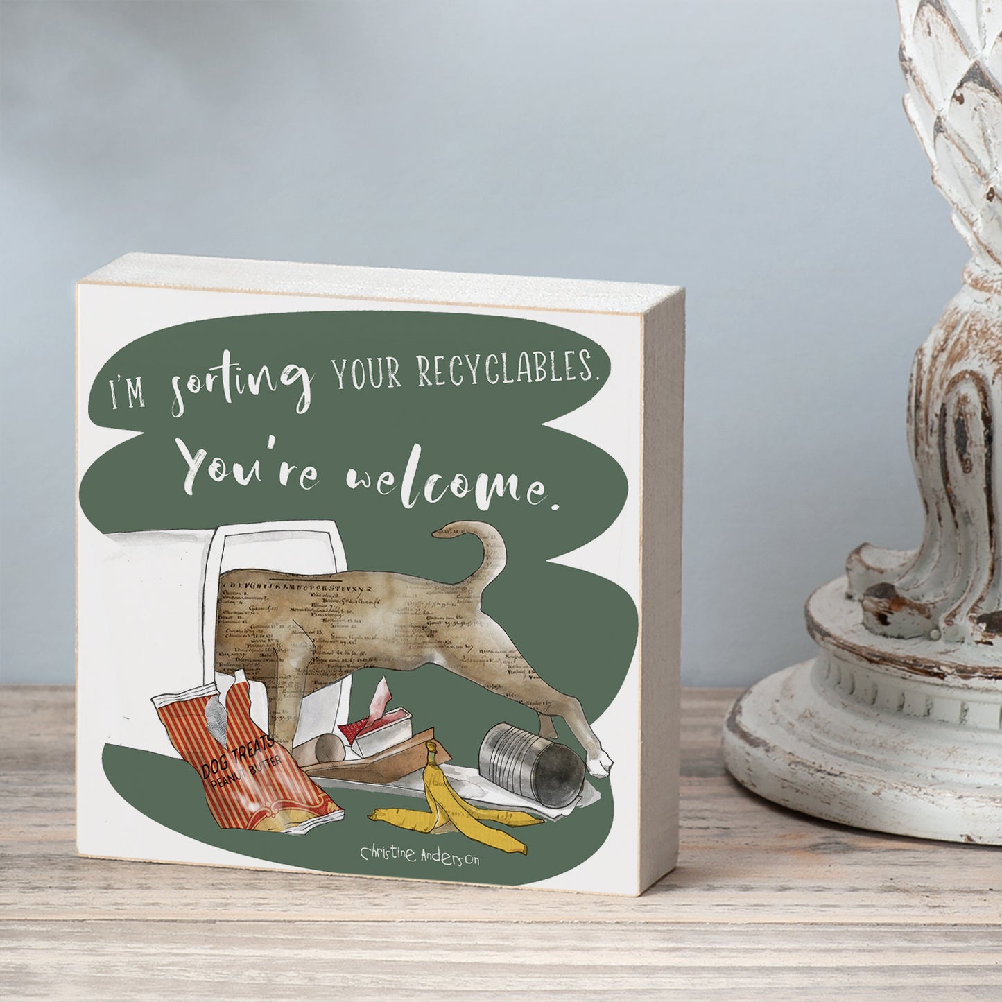 Recyclables Artistic Freestanding Solid Wood Block Sign Made in the USA 3.75” Square