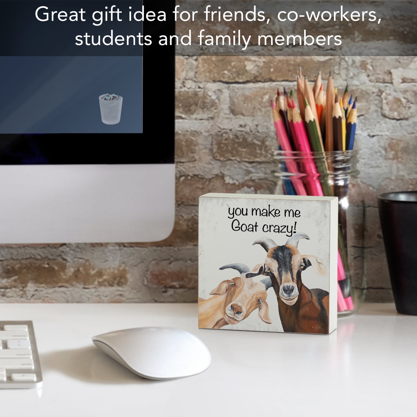 Goat Crazy Artistic Freestanding Solid Wood Block Sign Made in the USA 3.75” Square