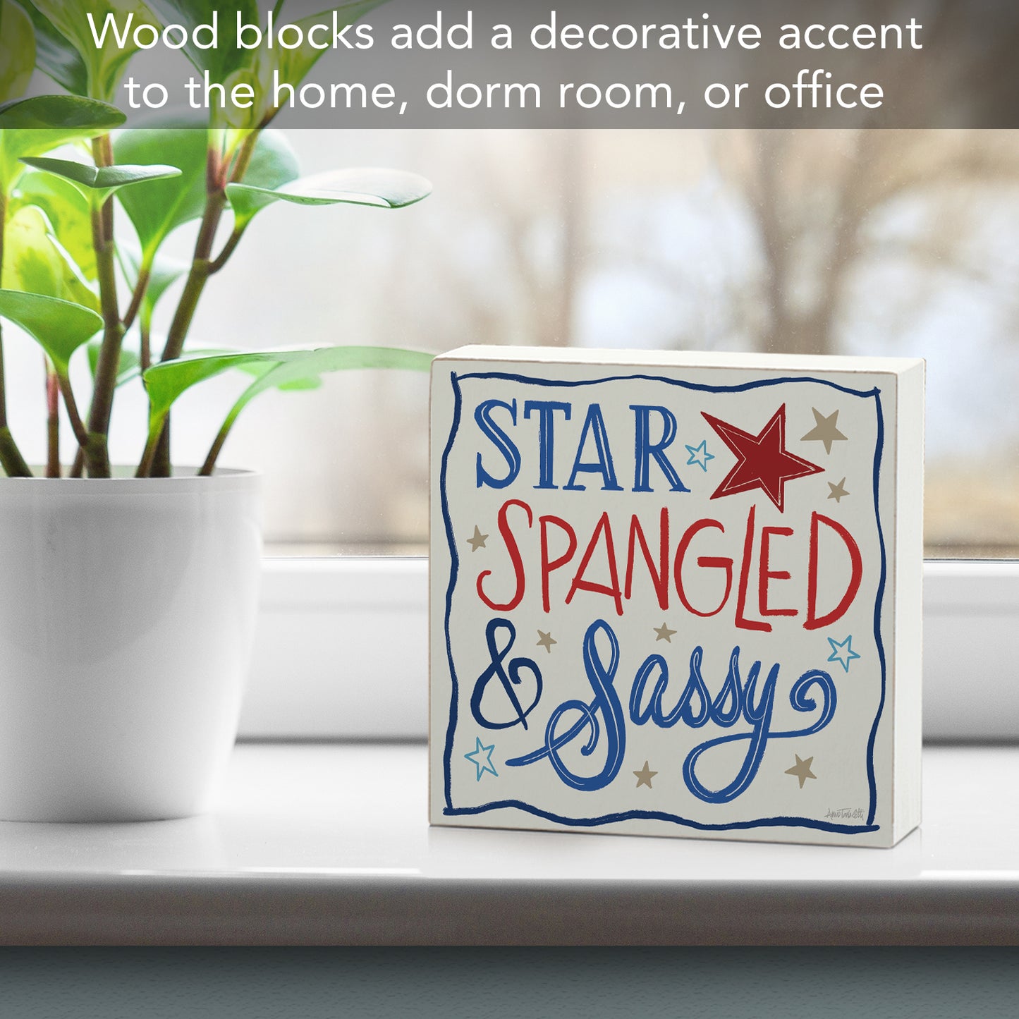 CounterArt Star Spangled Freestanding Solid Wood Block Sign Made in the USA 3.75” Square Decorative Accent for Home or Office