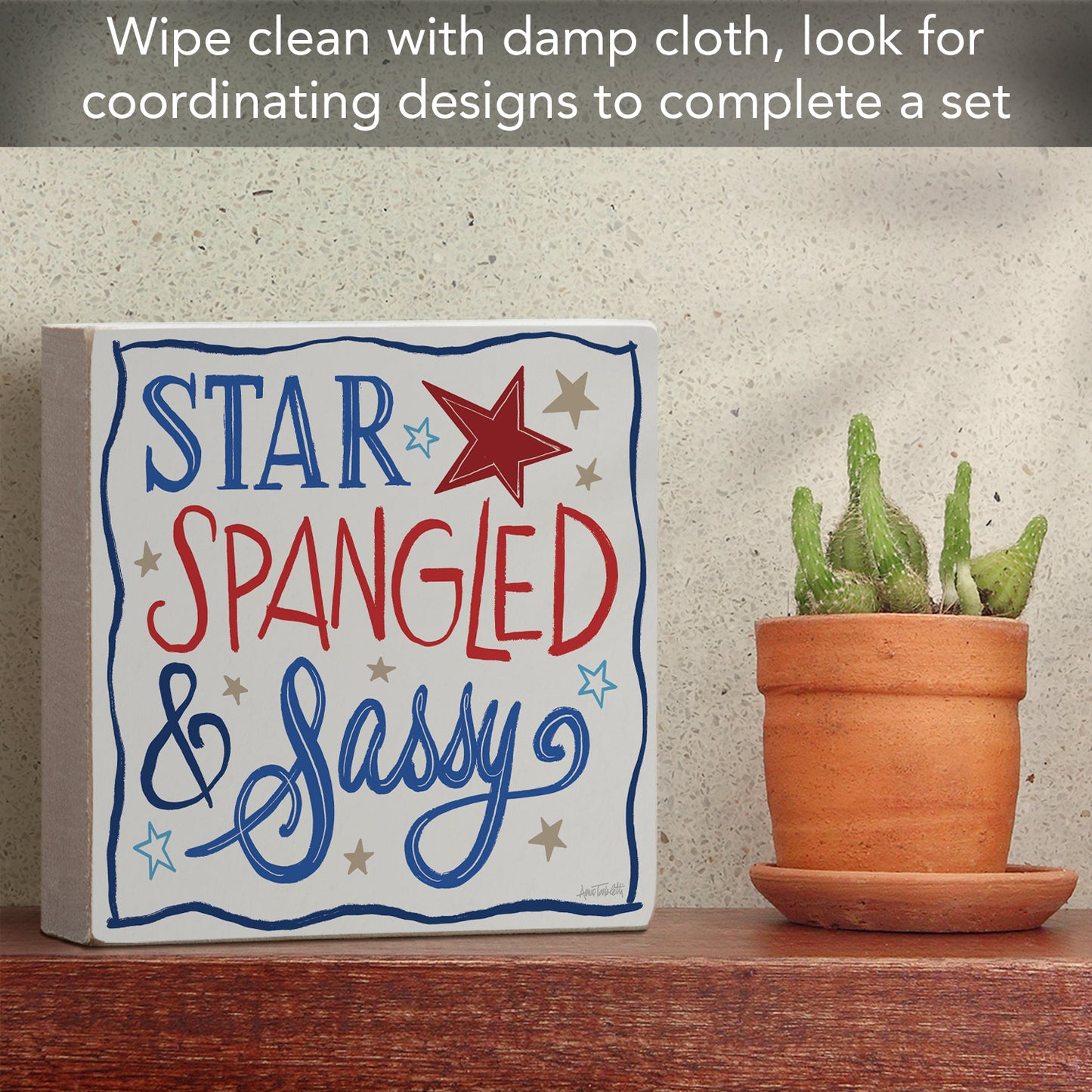 Star Spangled Freestanding Solid Wood Block Sign Made in the USA 3.75” Square