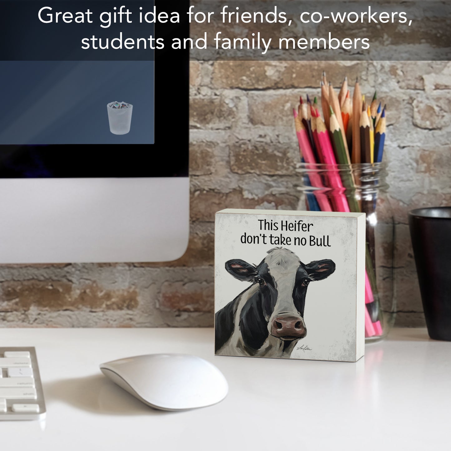 Heifer Artistic Freestanding Solid Wood Block Sign Made in the USA 3.75” Square