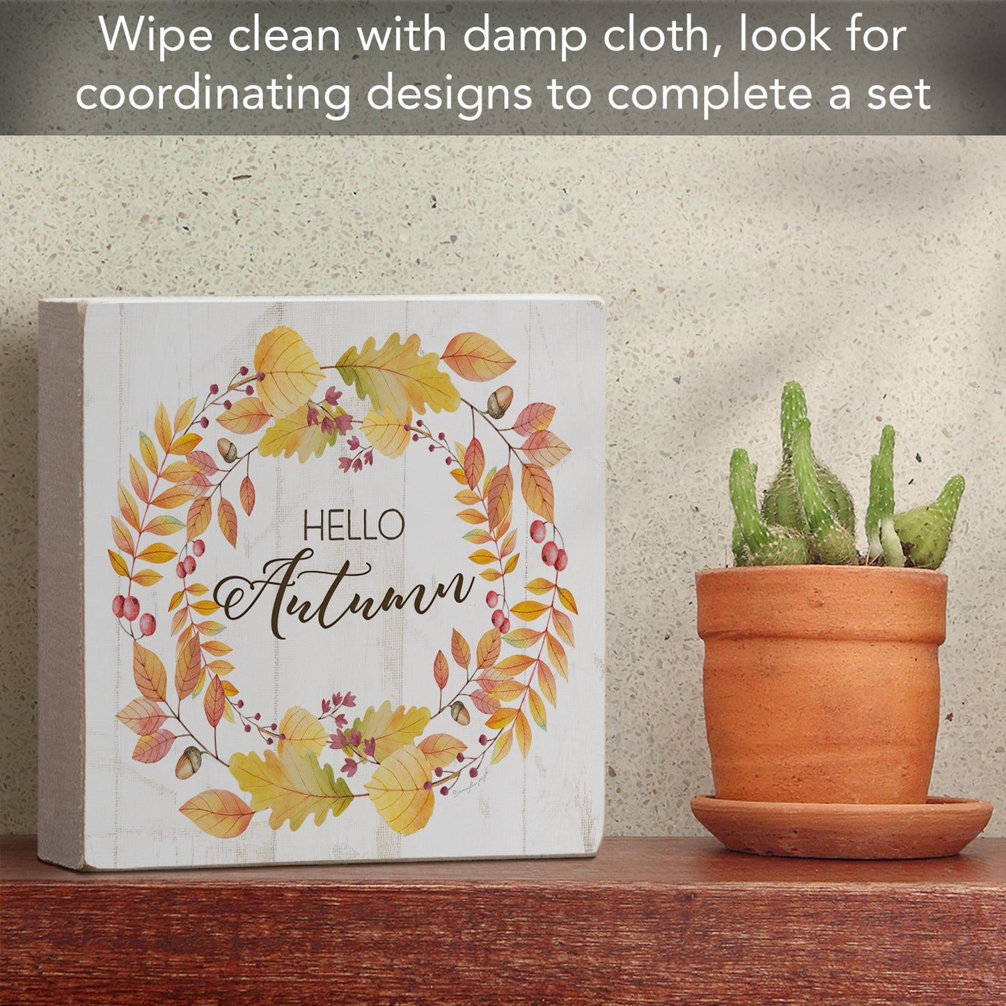 CounterArt Hello Autumn Artistic Freestanding Solid Wood Block Sign Made in the USA 3.75” Square Decorative Accent for Home or Office