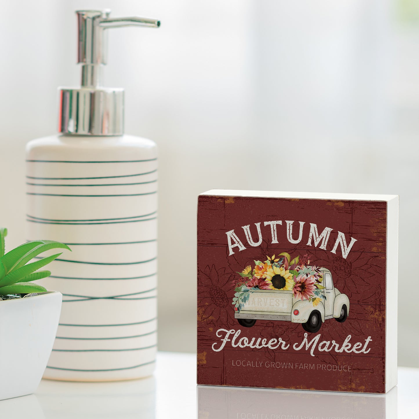 Highland Home Autumn Flower Market Decorative Wooden Home Accent Sign for Desk Mantle or Shelf Made in the USA