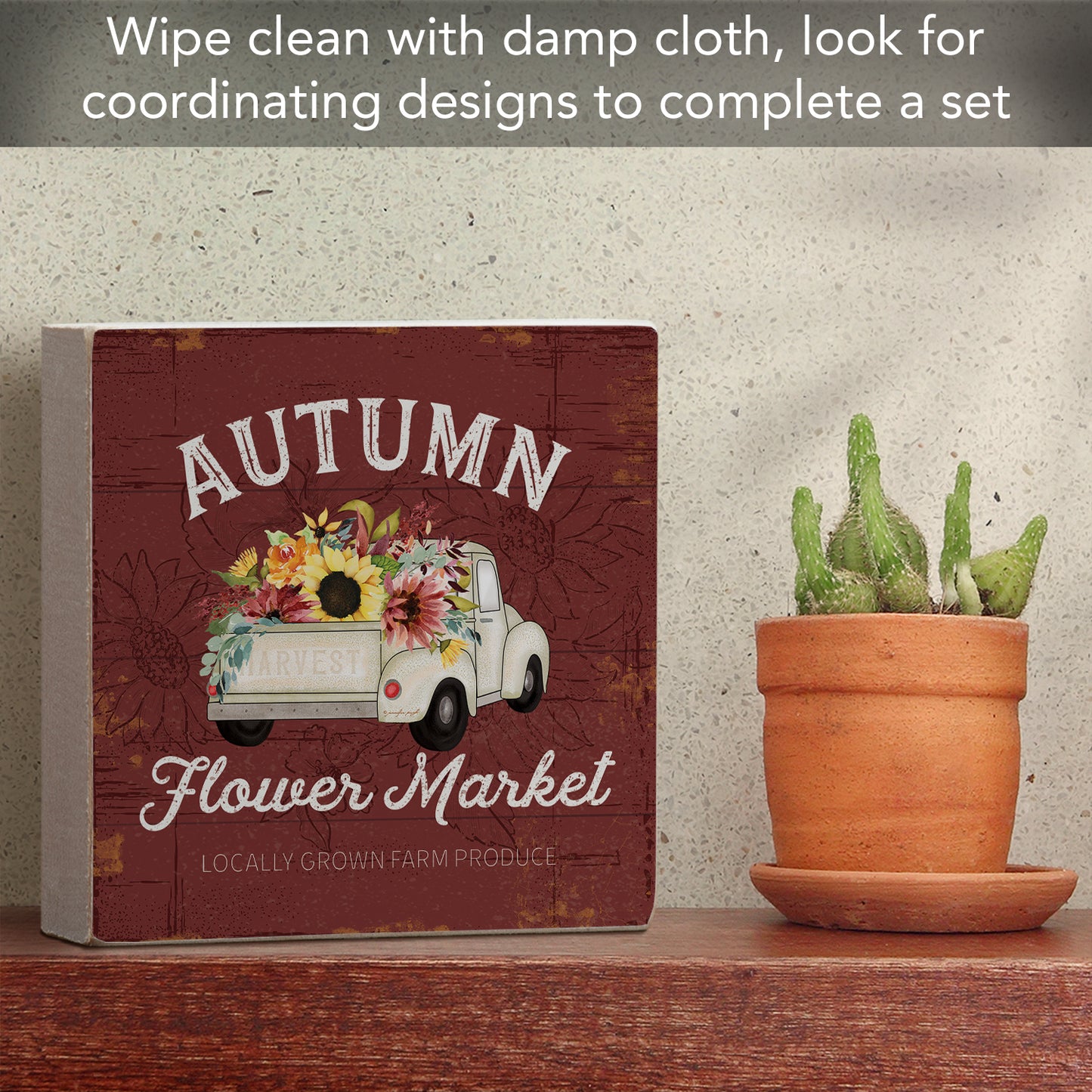 Highland Home Autumn Flower Market Decorative Wooden Home Accent Sign for Desk Mantle or Shelf Made in the USA