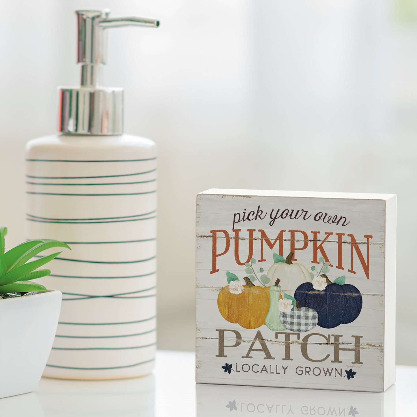 Pumpkin Patch Artistic Freestanding Solid Wood Block Sign Made in the USA 3.75” Square