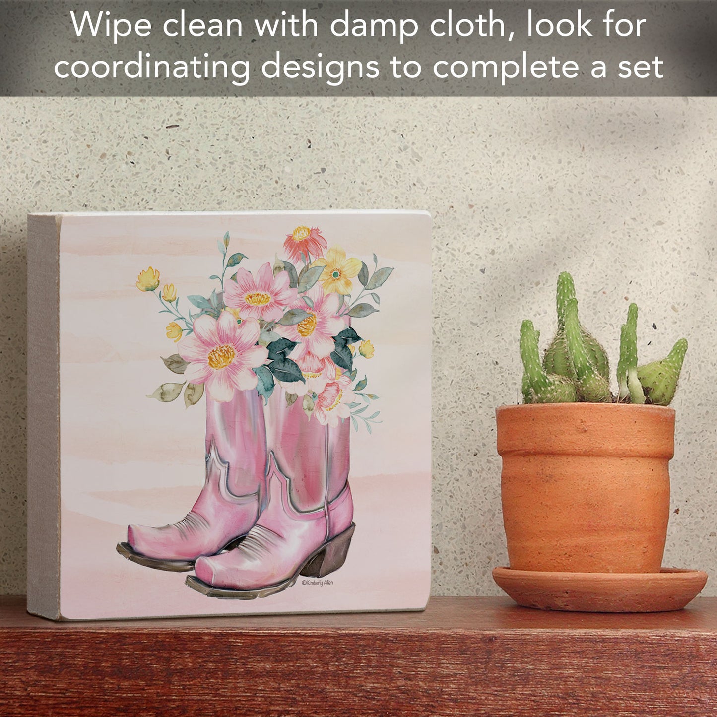 Floral Boots Artistic Freestanding Solid Wood Block Sign Made in the USA 3.75” Square
