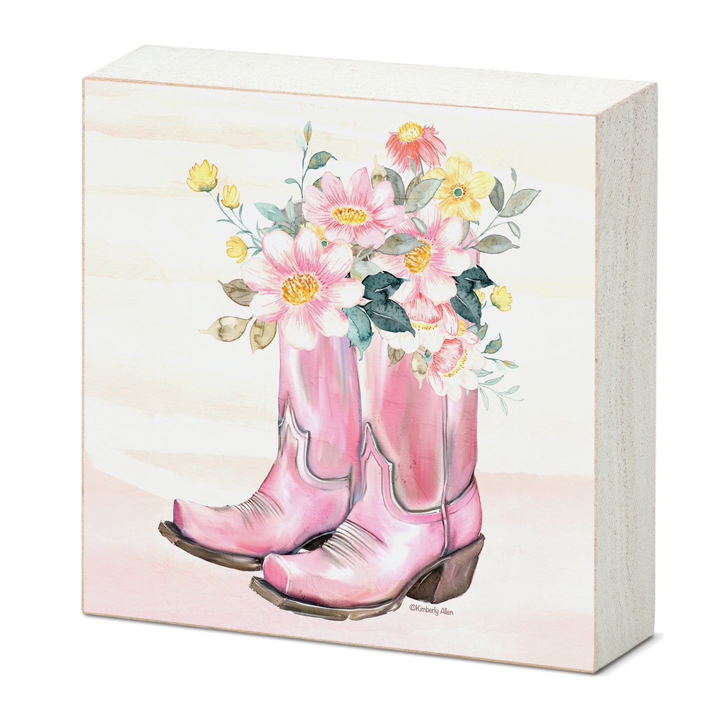 Floral Boots Artistic Freestanding Solid Wood Block Sign Made in the USA 3.75” Square