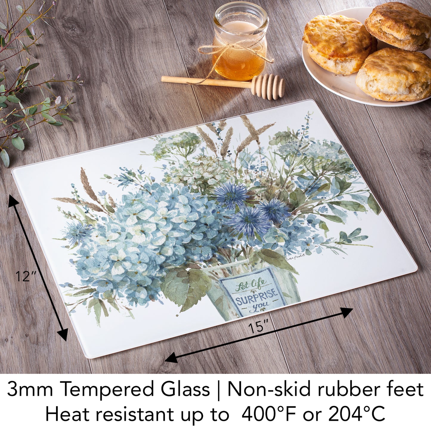 CounterArt Bohemian Blue 3mm Tempered Glass Cutting Board 15" x 12" Manufactured in the USA