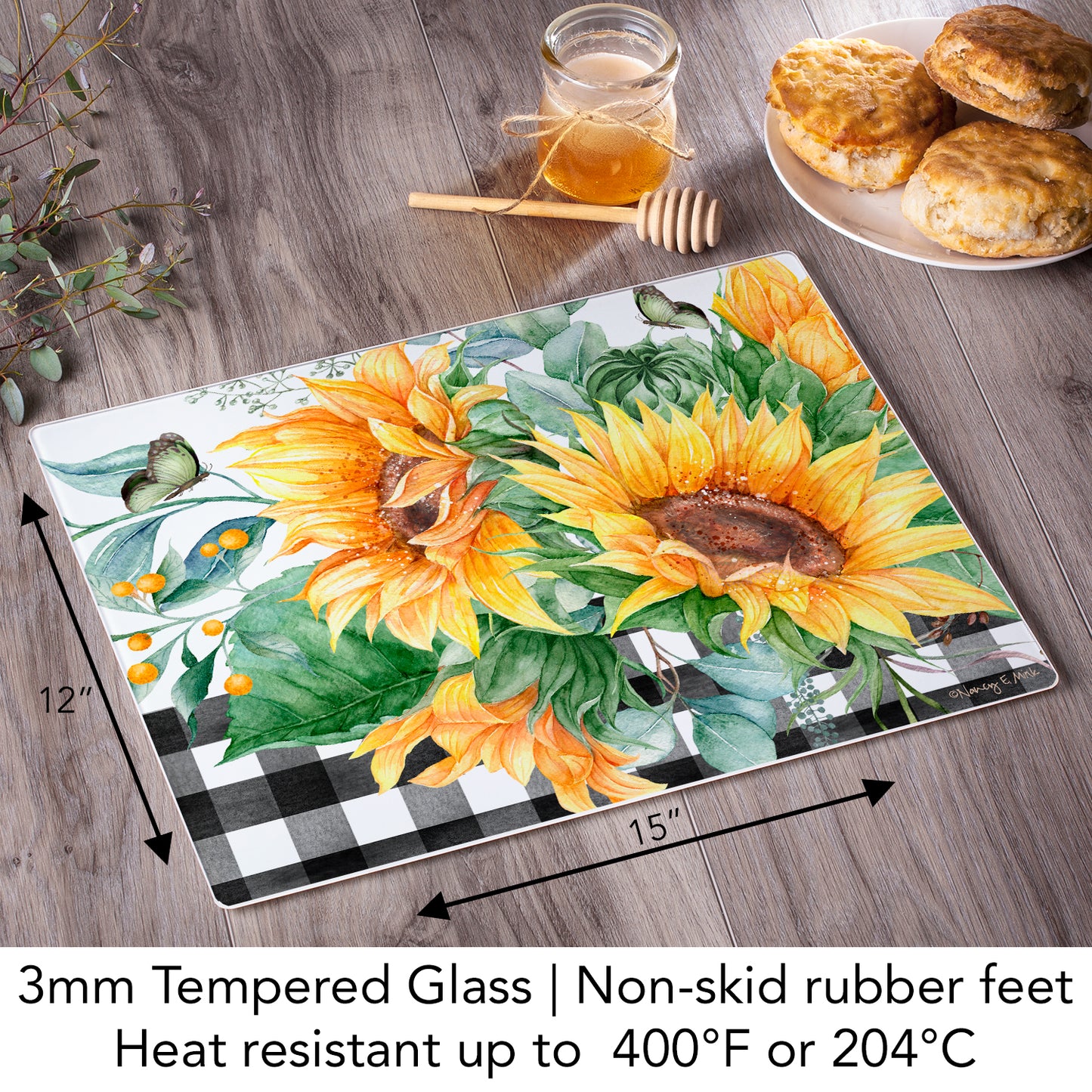 CounterArt Sunflower Fields 3mm Tempered Glass Cutting Board 12" x 15" Manufactured in the USA