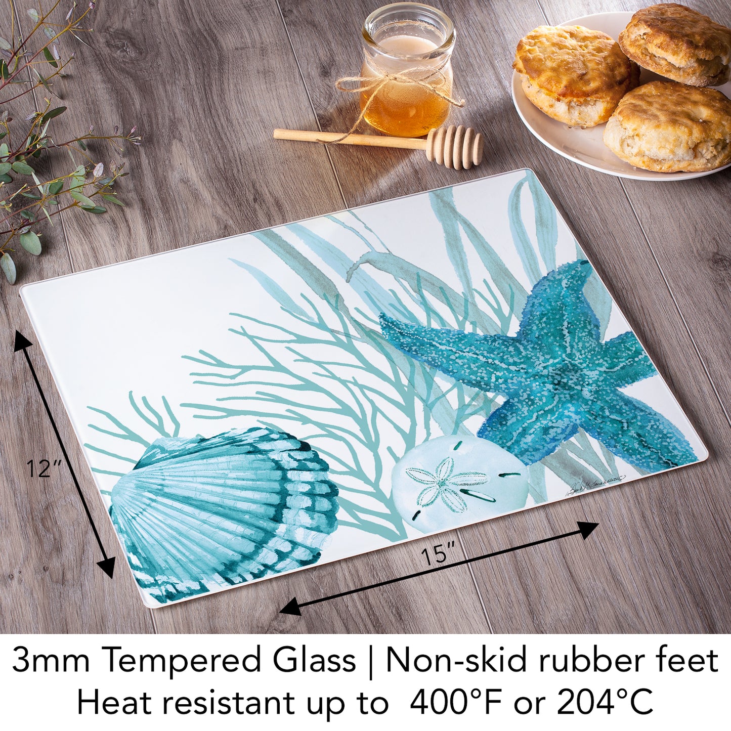 CounterArt Coral Life 3mm Tempered Glass Cutting Board 15” x 12” Manufactured in the USA