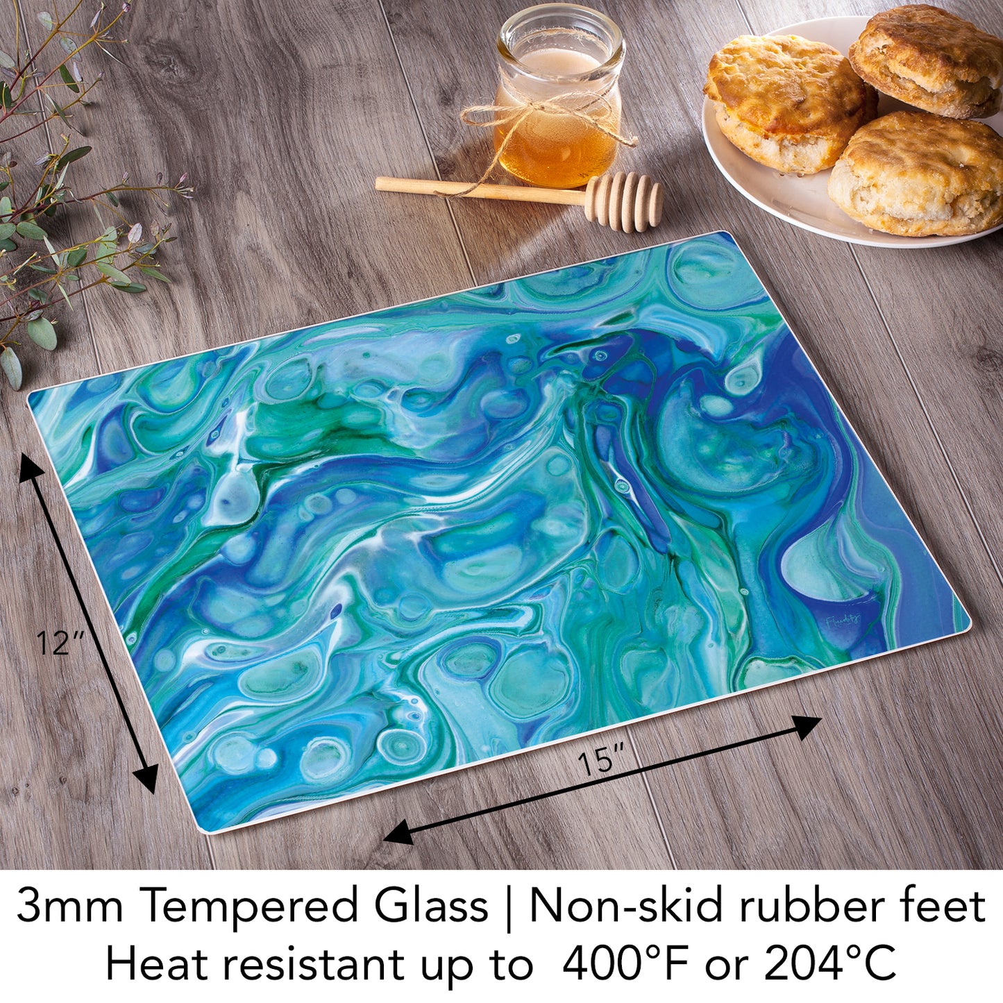CounterArt Ocean Vibe 3mm Tempered Glass Cutting Board 15" x 12" Manufactured in the USA