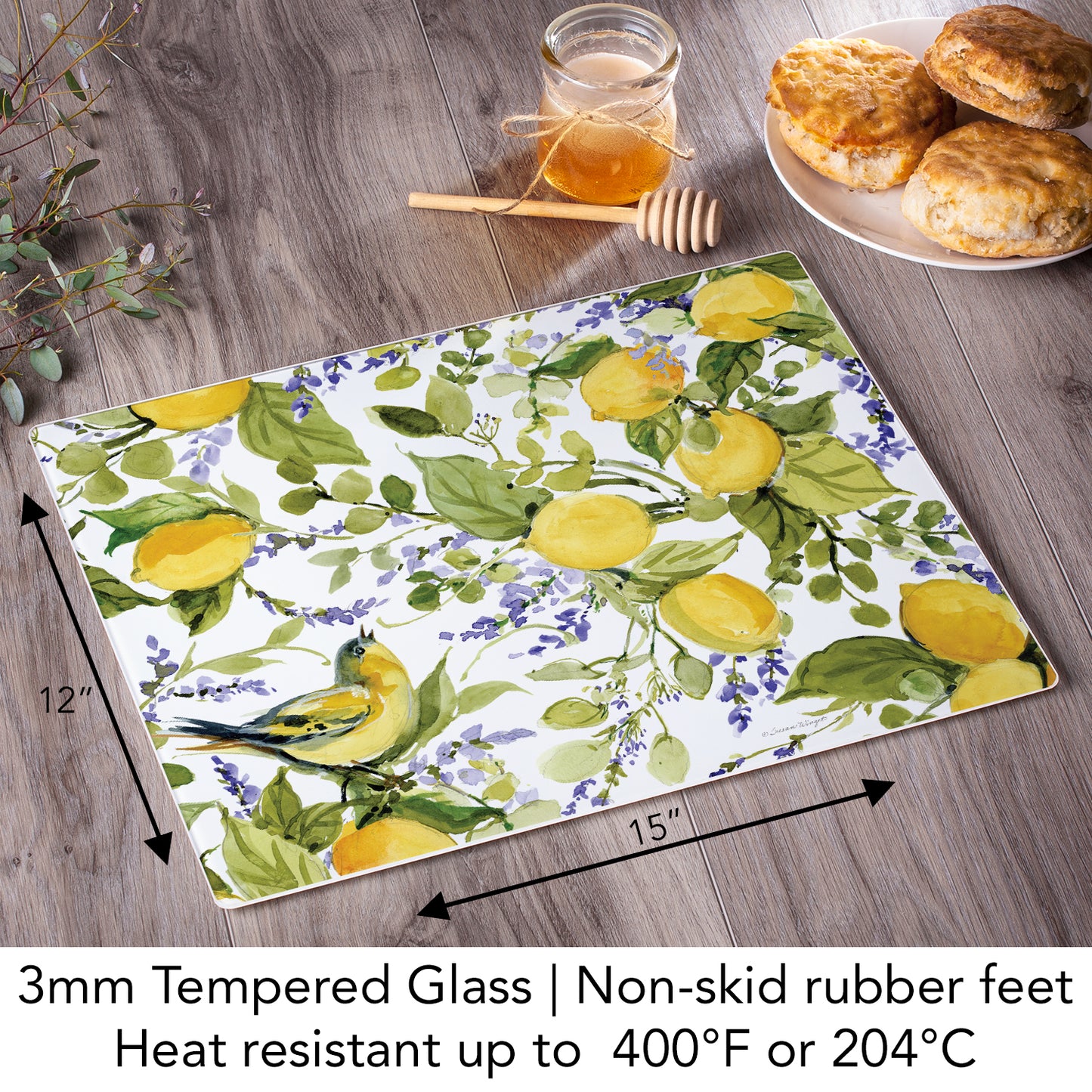 CounterArt Watercolor Lemons 3mm Tempered Glass Cutting Boards Manufactured in the USA