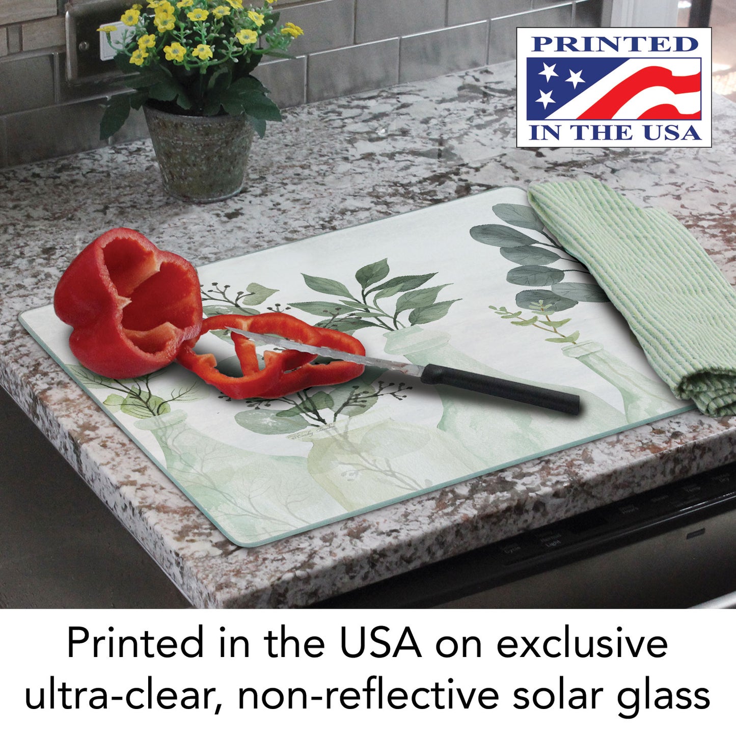 CounterArt Nature's Greenery 3mm Tempered Glass Cutting Board 15" x 12" Manufactured in the USA